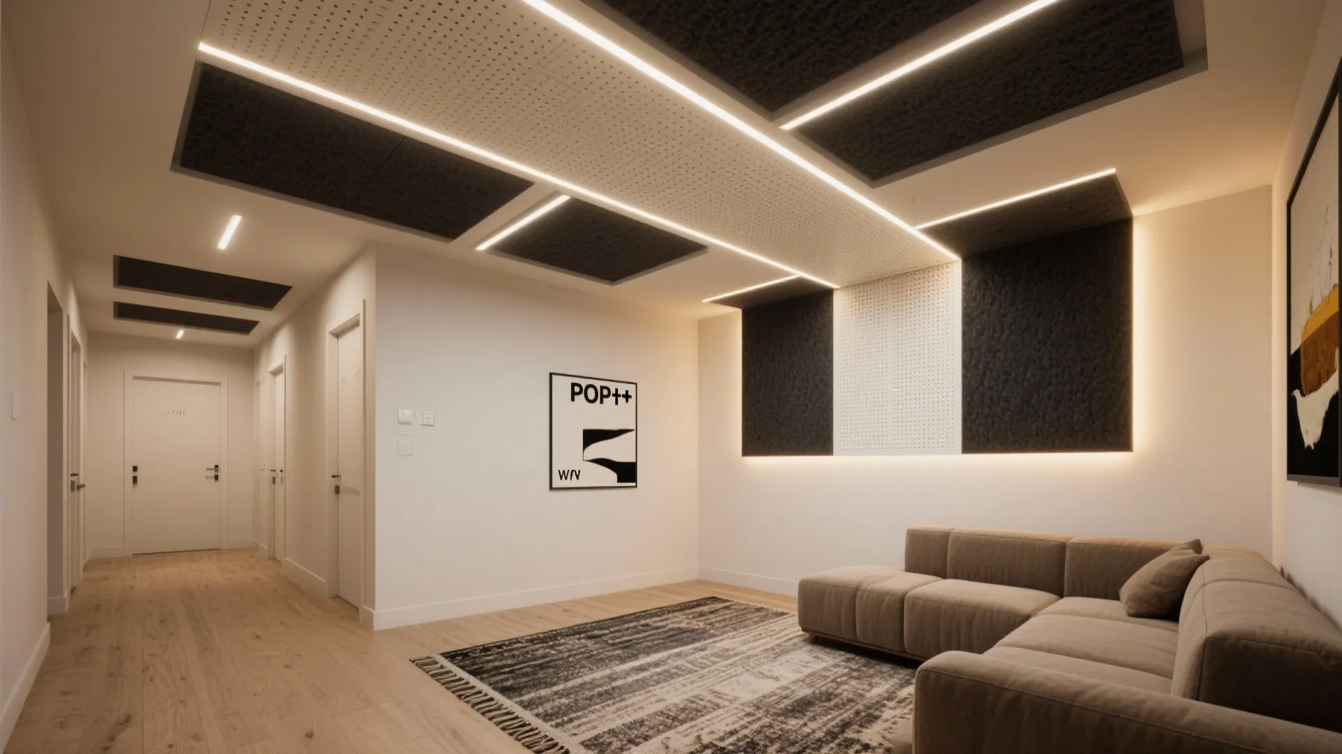 Modern hallway interior design with recessed ceiling lights acoustic wall panels beige sofa and wood floor