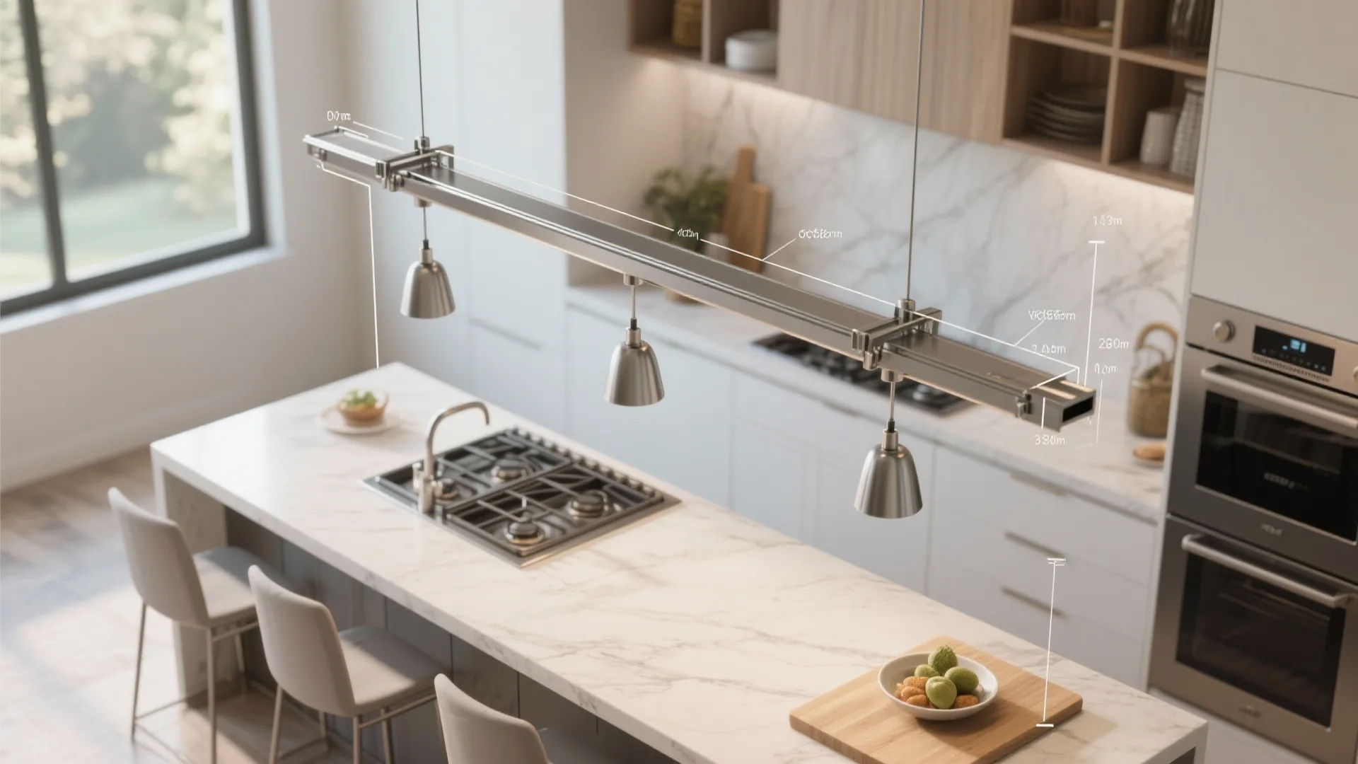 Modern kitchen island with metal ceiling light fixtures white marble countertop and grey bar stools