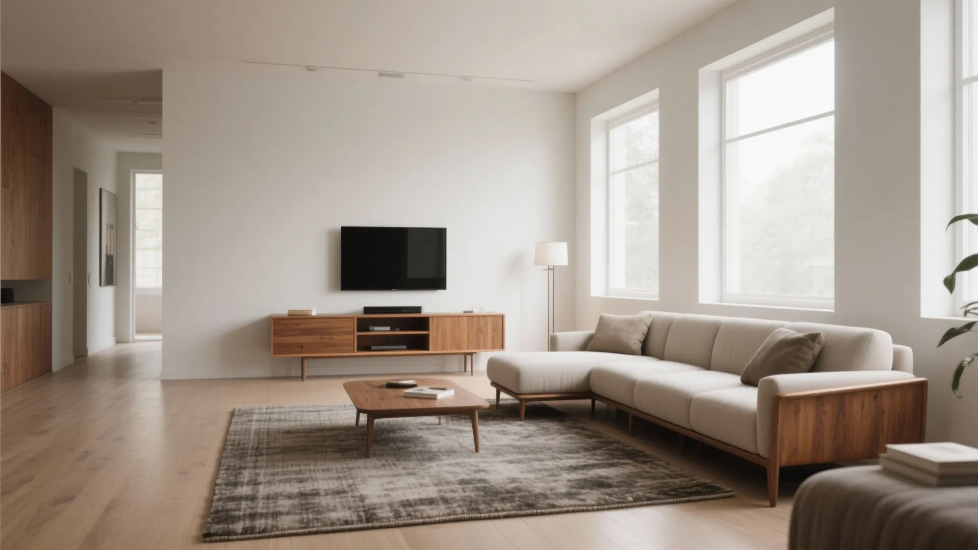 Bright living room with white walls, large sofa, wooden cabinet with television, and coffee table