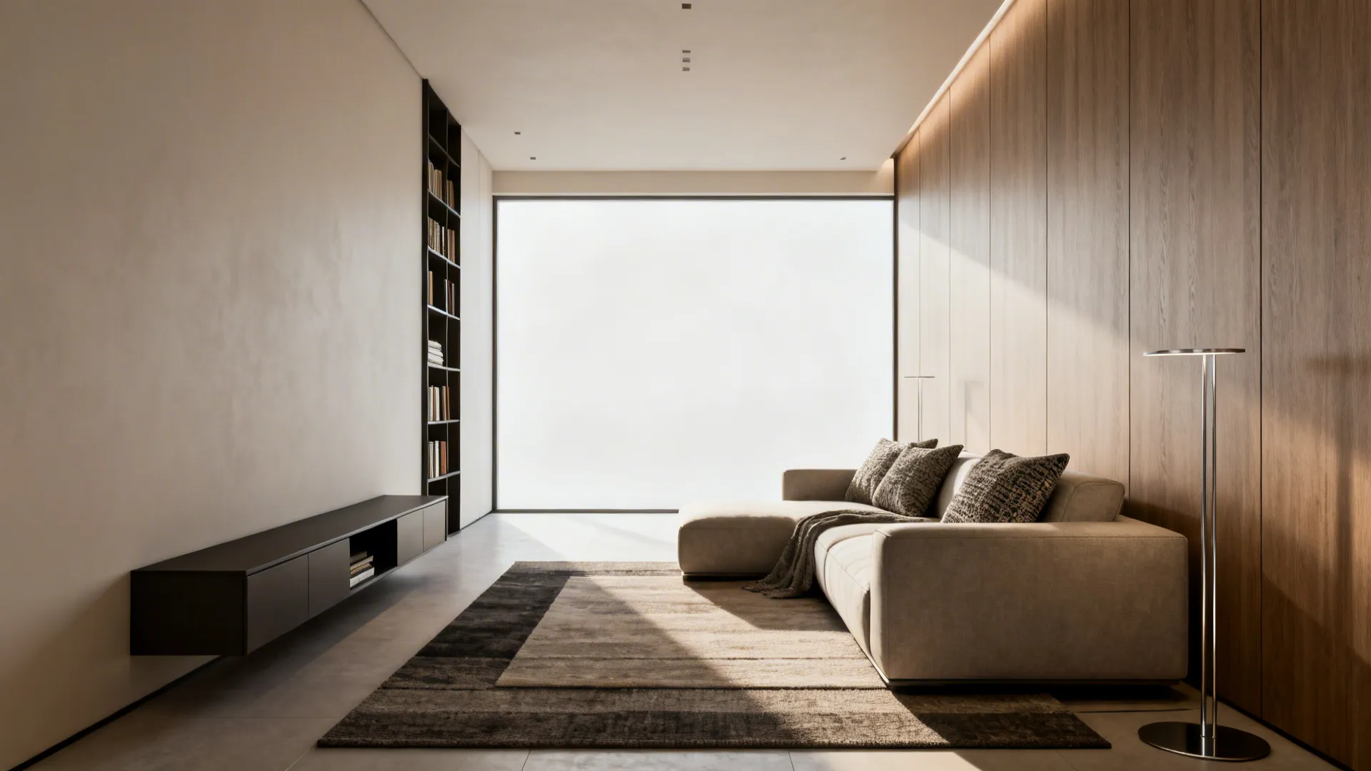 Linear furniture layout in a narrow living room with sofa on one wall and low media unit opposite