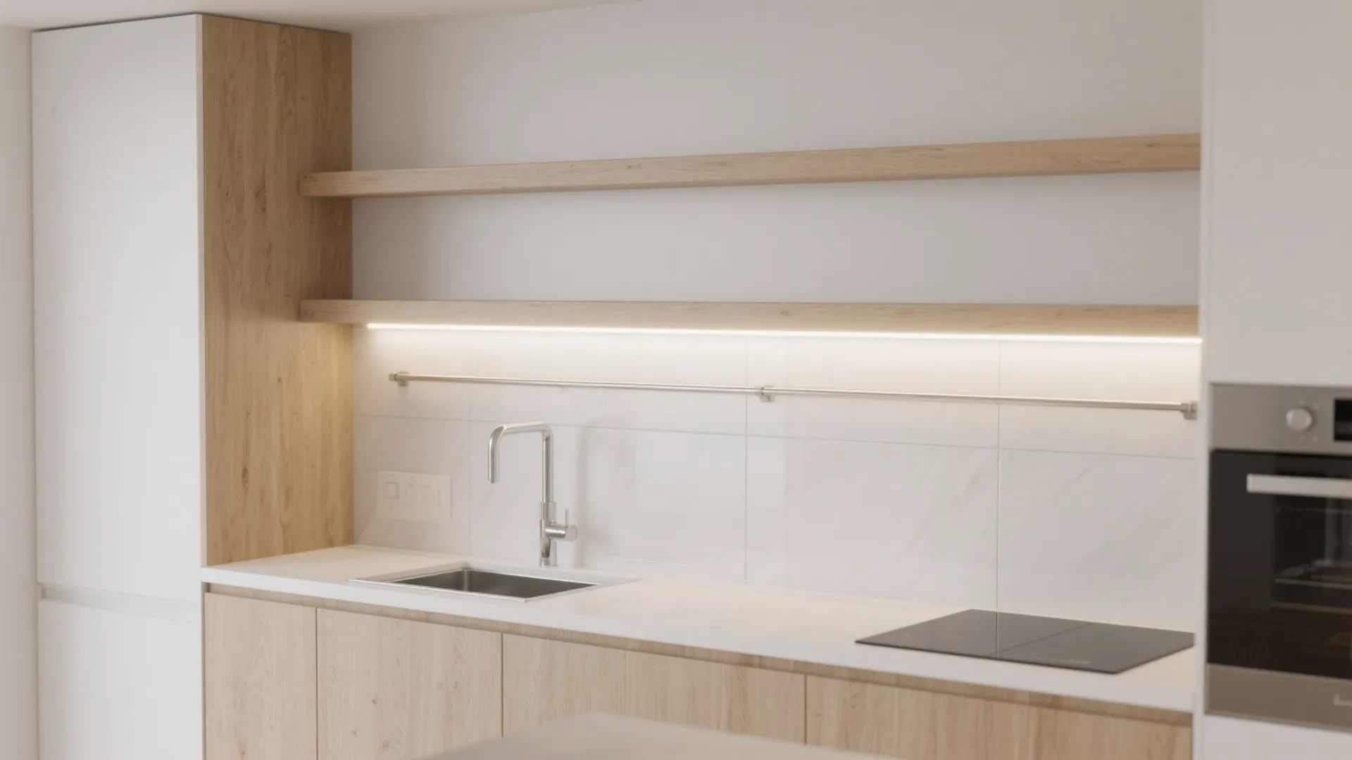 Modern kitchen with wood cabinets white countertops silver faucet built in oven and under cabinet lighting