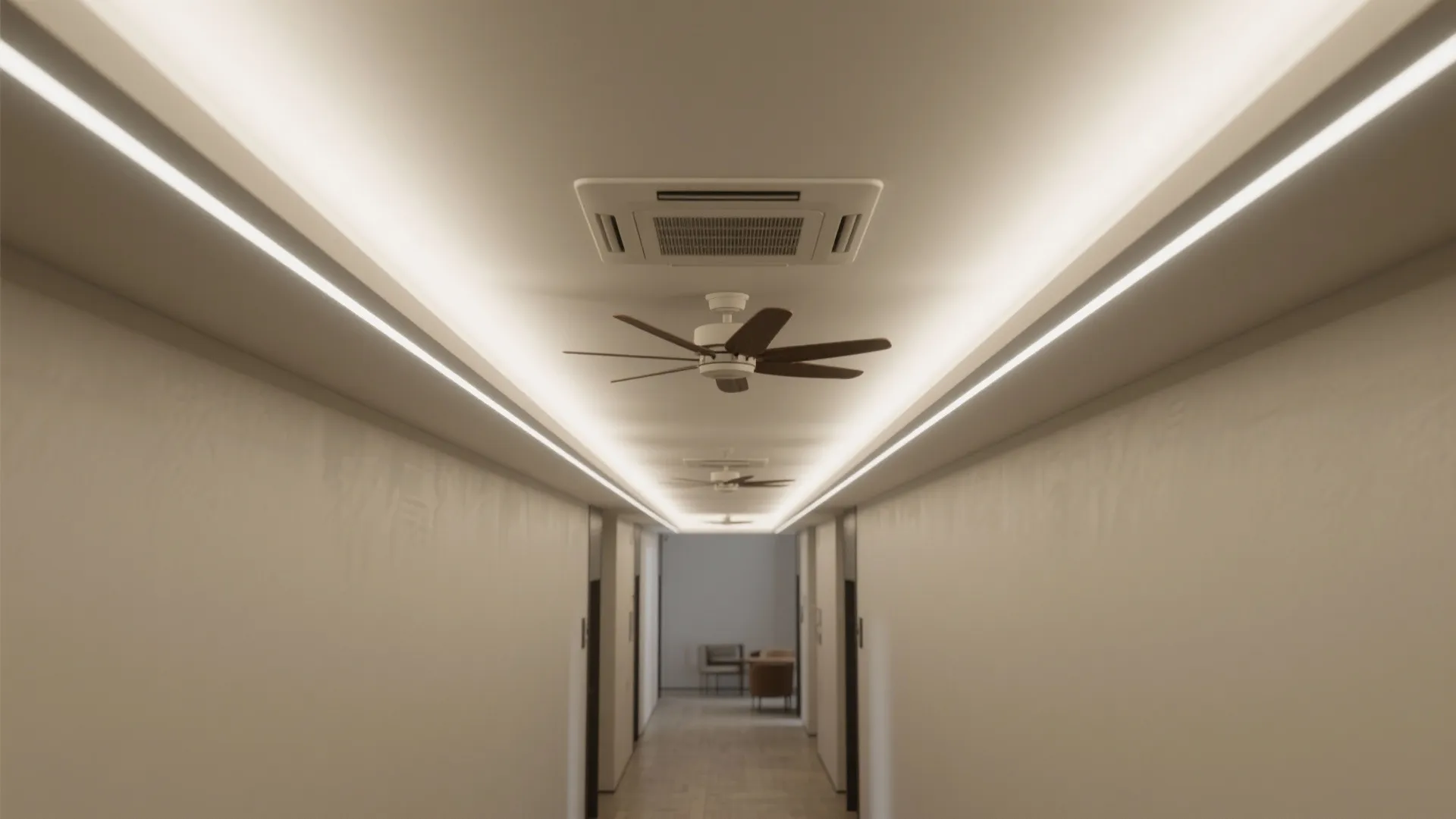 3) Linear POP bands with concealed cove and flush-mount fan