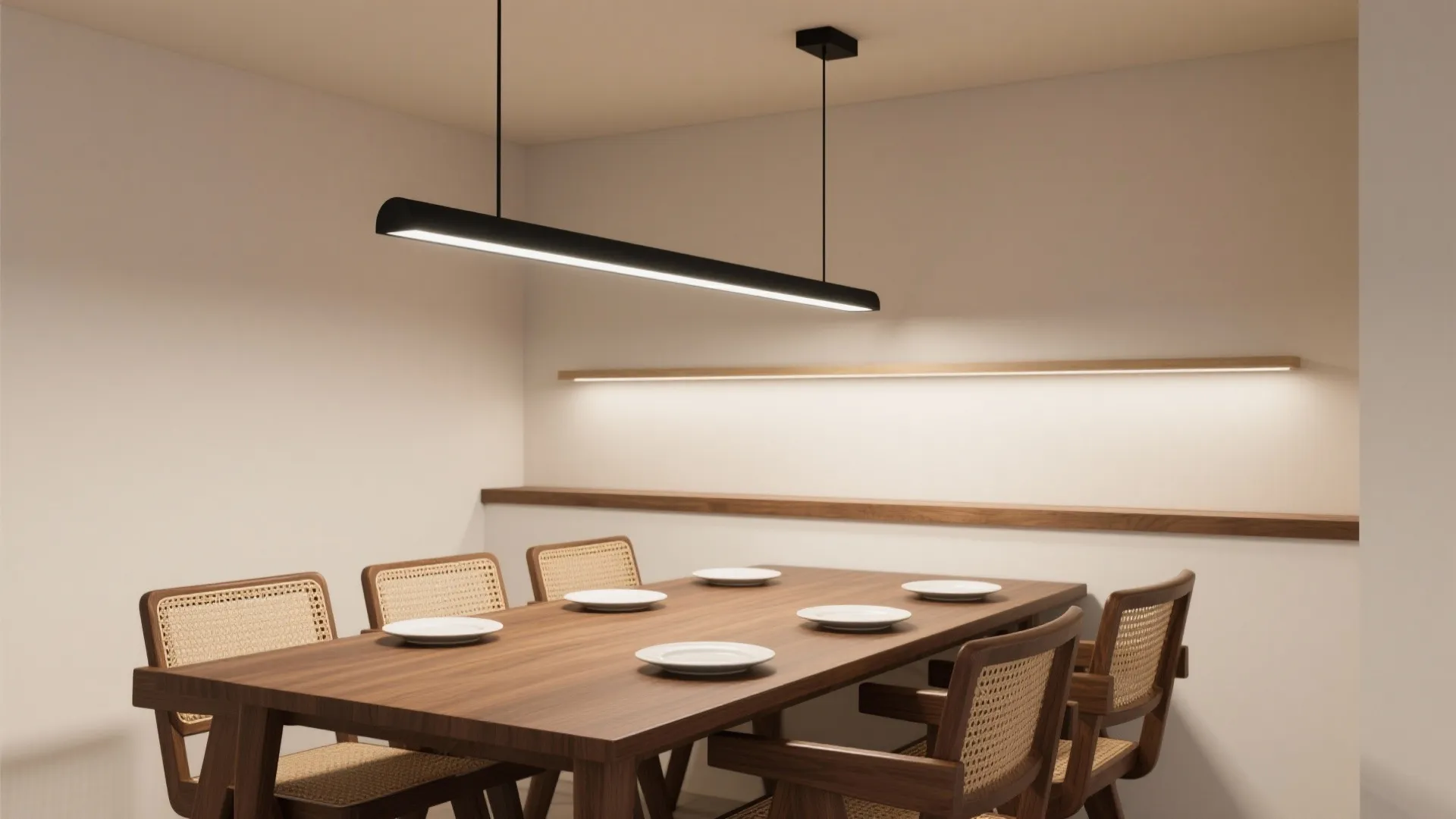 Minimalist dining room with long wooden table black ceiling light fixture and woven back wood chairs