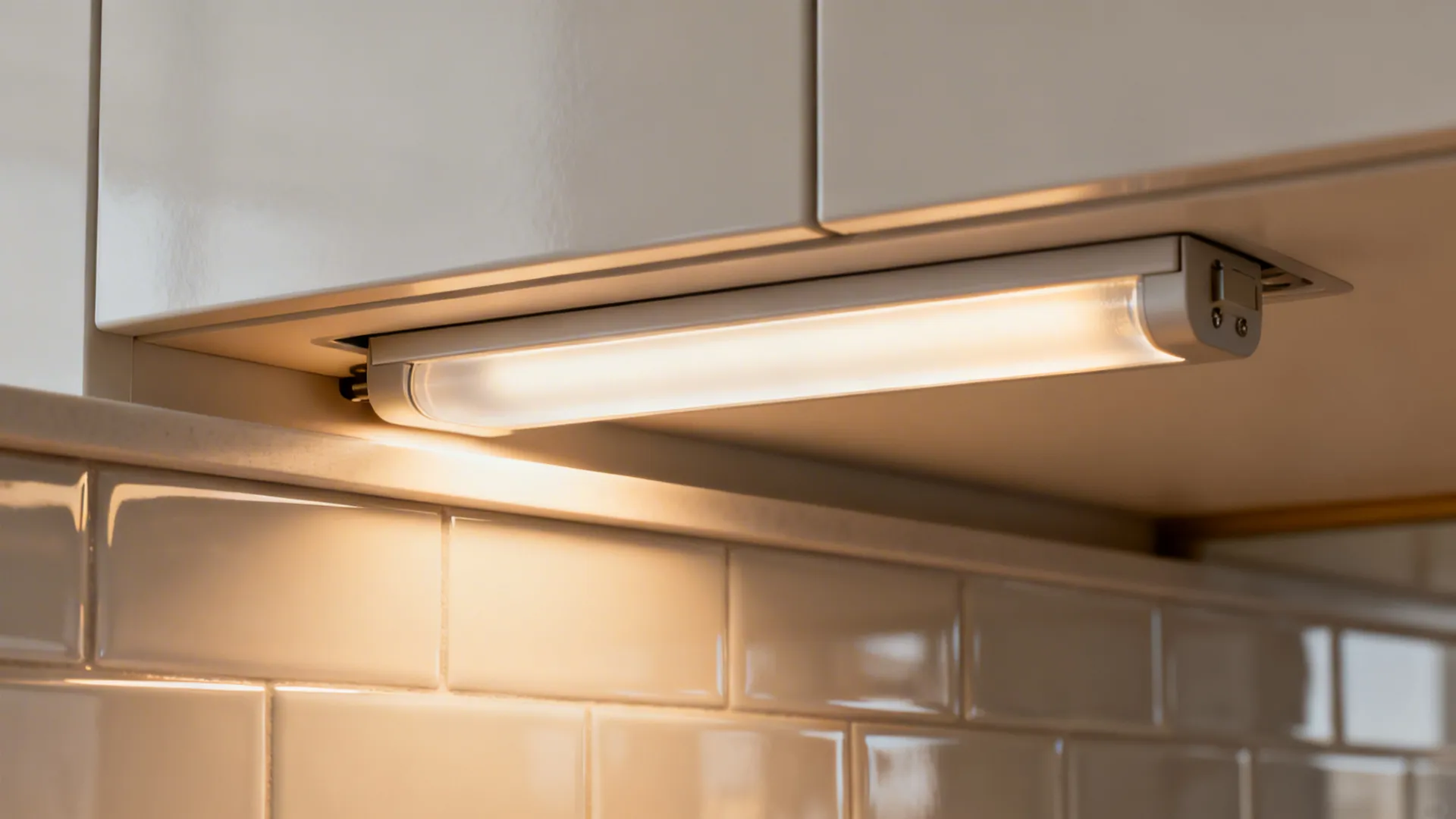 Close-up of a recessed linear under cabinet light bar with a frosted diffuser lens.