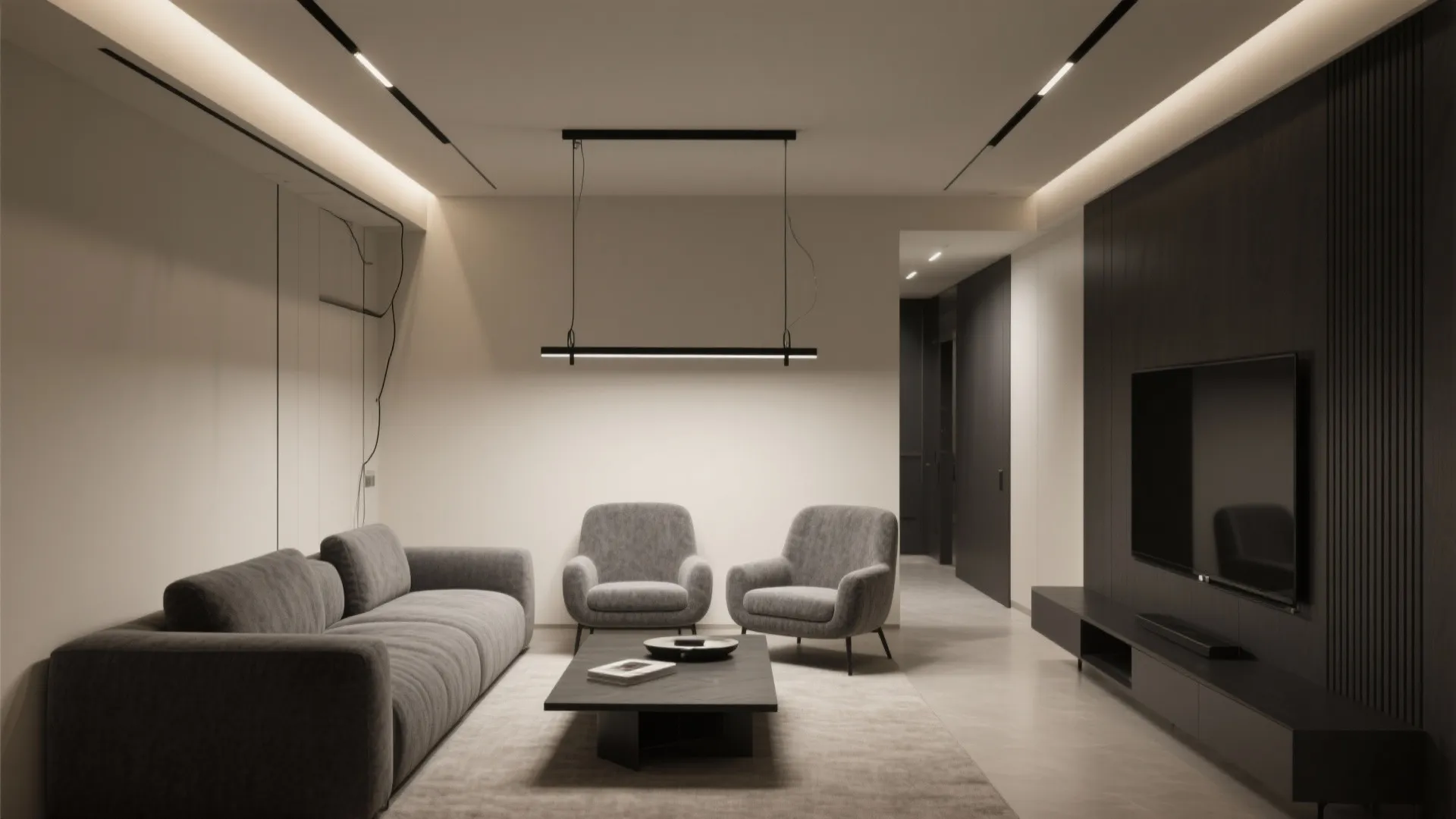 3) Linear bar chandelier for sofa-centered layouts