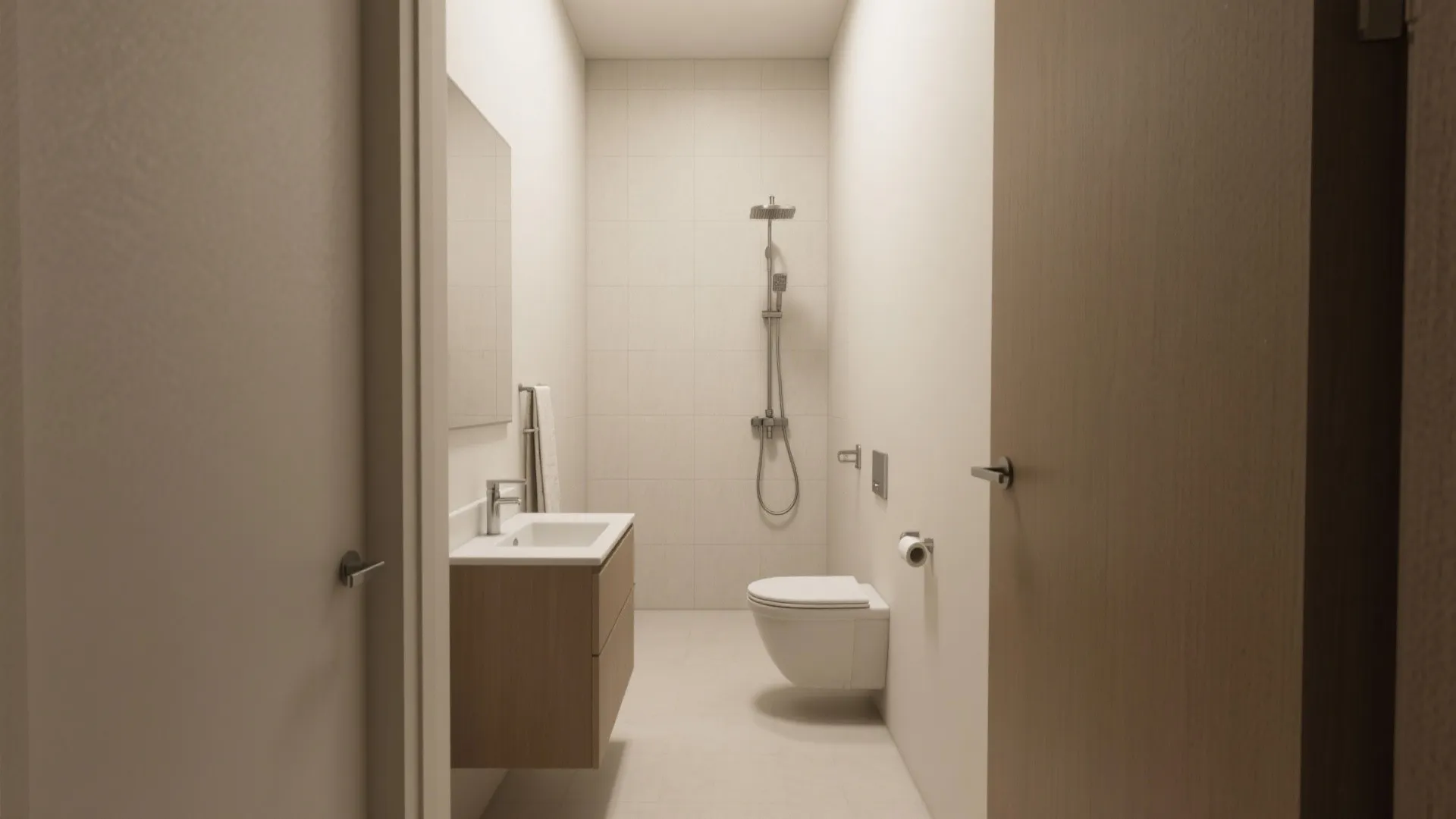 Narrow bathroom layout with wooden cabinet white sink toilet wall shower and neutral tile walls