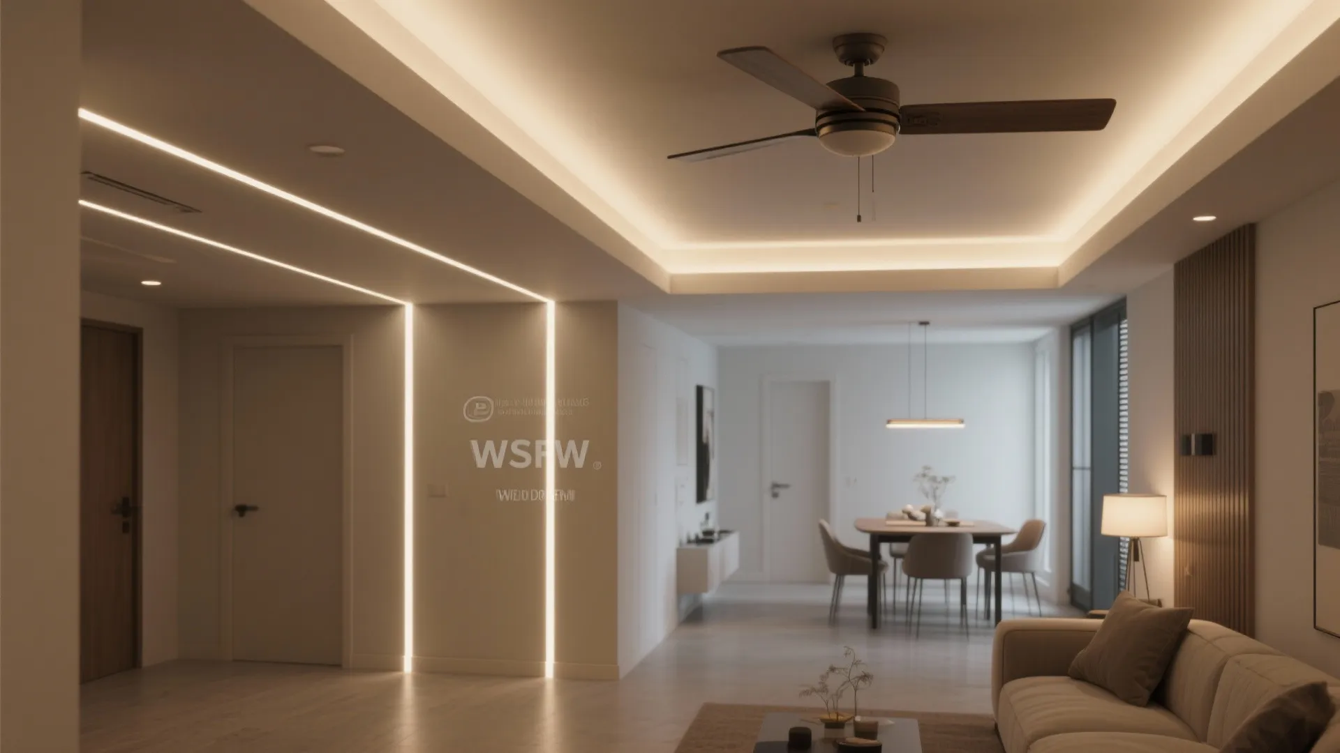 Modern living room featuring warm ceiling light strips, a ceiling fan, and soft sofa furniture