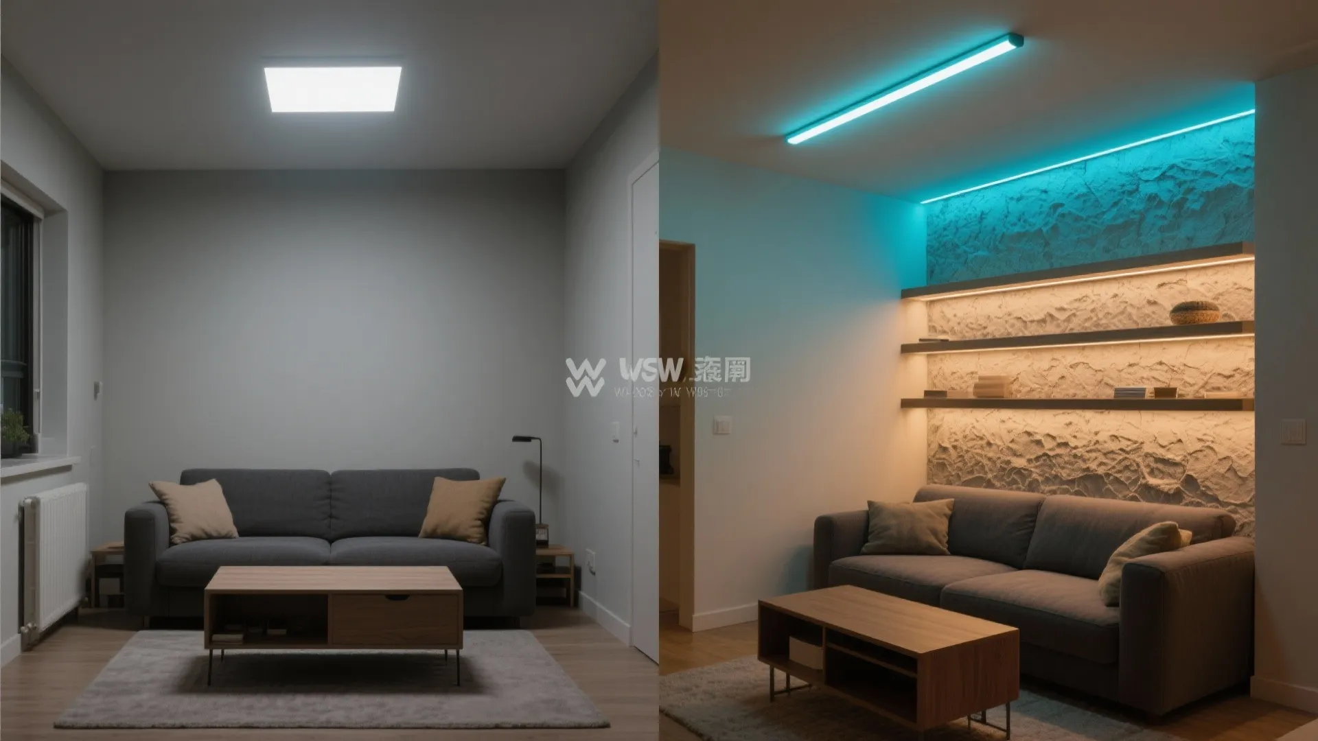 Before-and-after showing how linear LED bars add depth and highlight features in a small living room.