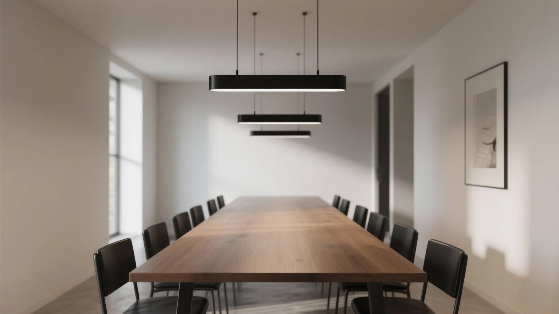Long wooden meeting table with black chairs under three minimalist black linear ceiling light fixtures