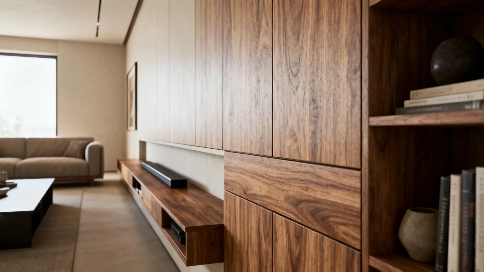 Wooden wall panel storage with a floating shelf in a modern living room near sofa