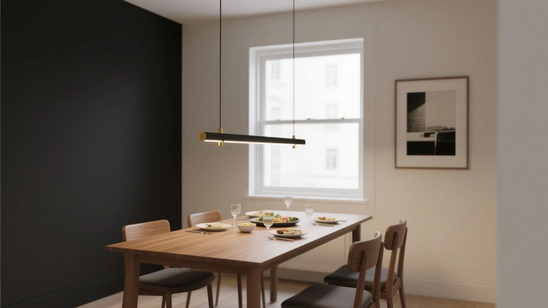 Slim linear LED chandelier over a narrow rectangular dining table with open views and warm daylight.