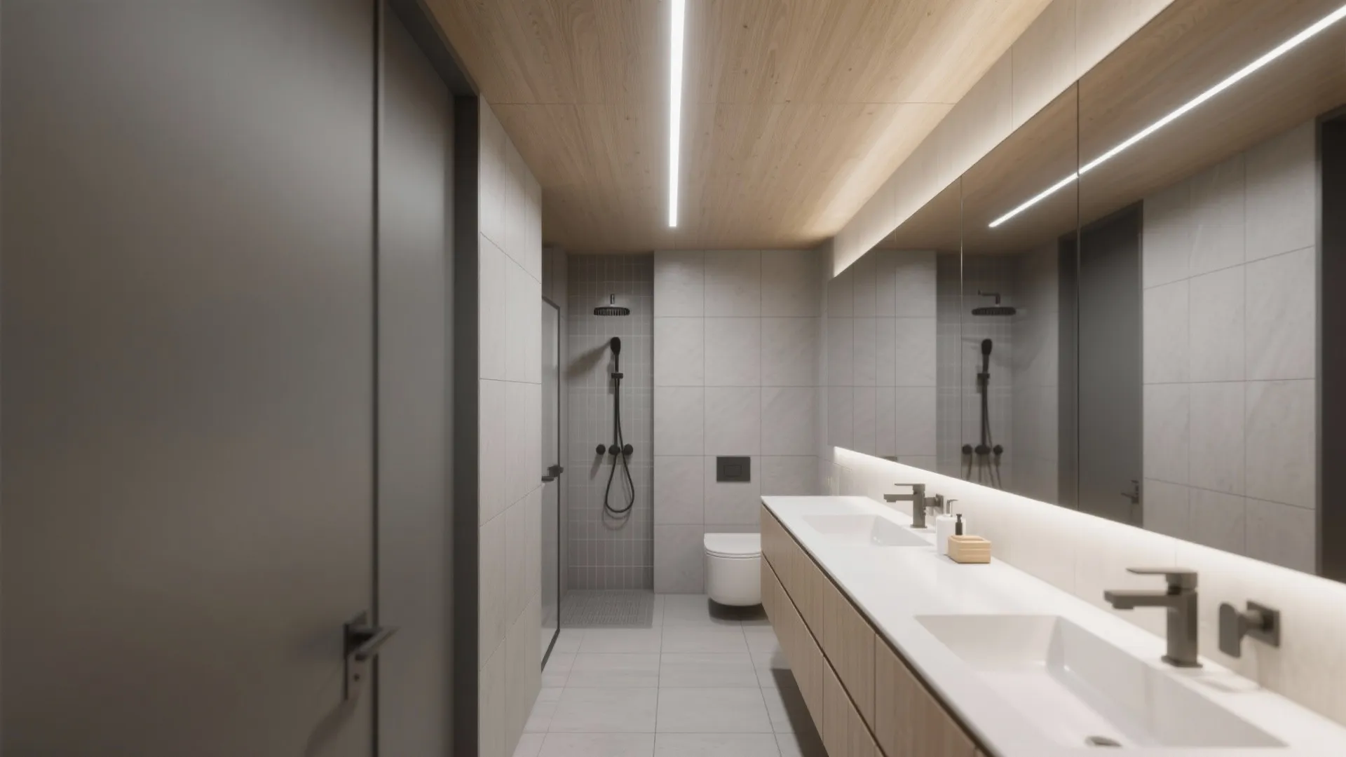 3. Slim linear ceiling bars for task zones