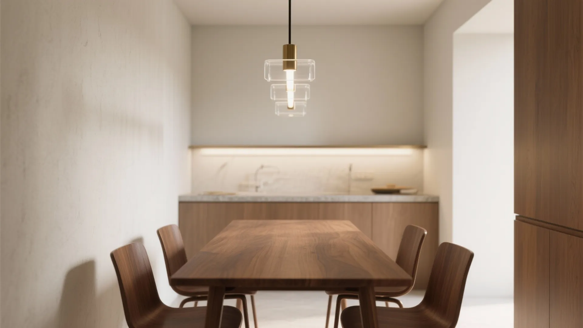Modern dining area with wooden table, matching chairs, glass ceiling light, and warm kitchen background