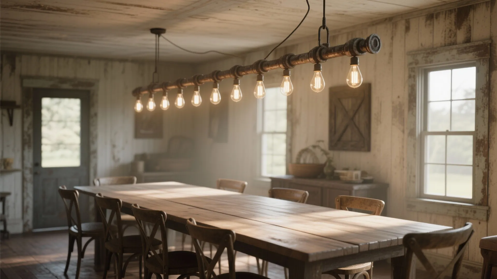 Long wooden dining table with a metal pipe ceiling light featuring many glowing light bulbs