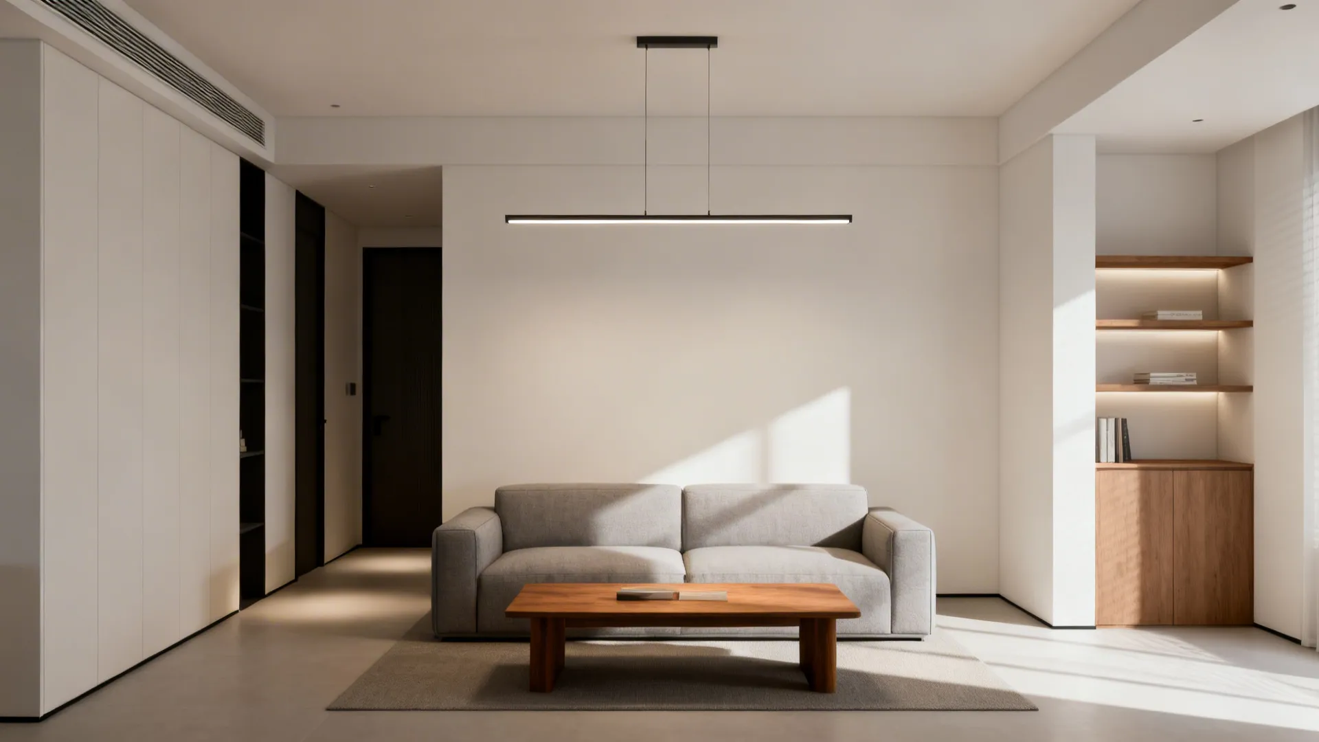Minimalist linear chandelier placed above seating to define a small living room zone