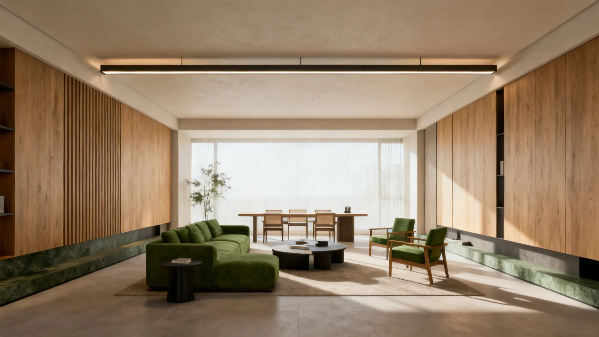 Rectangular living area with a low-profile linear chandelier that visually widens the space