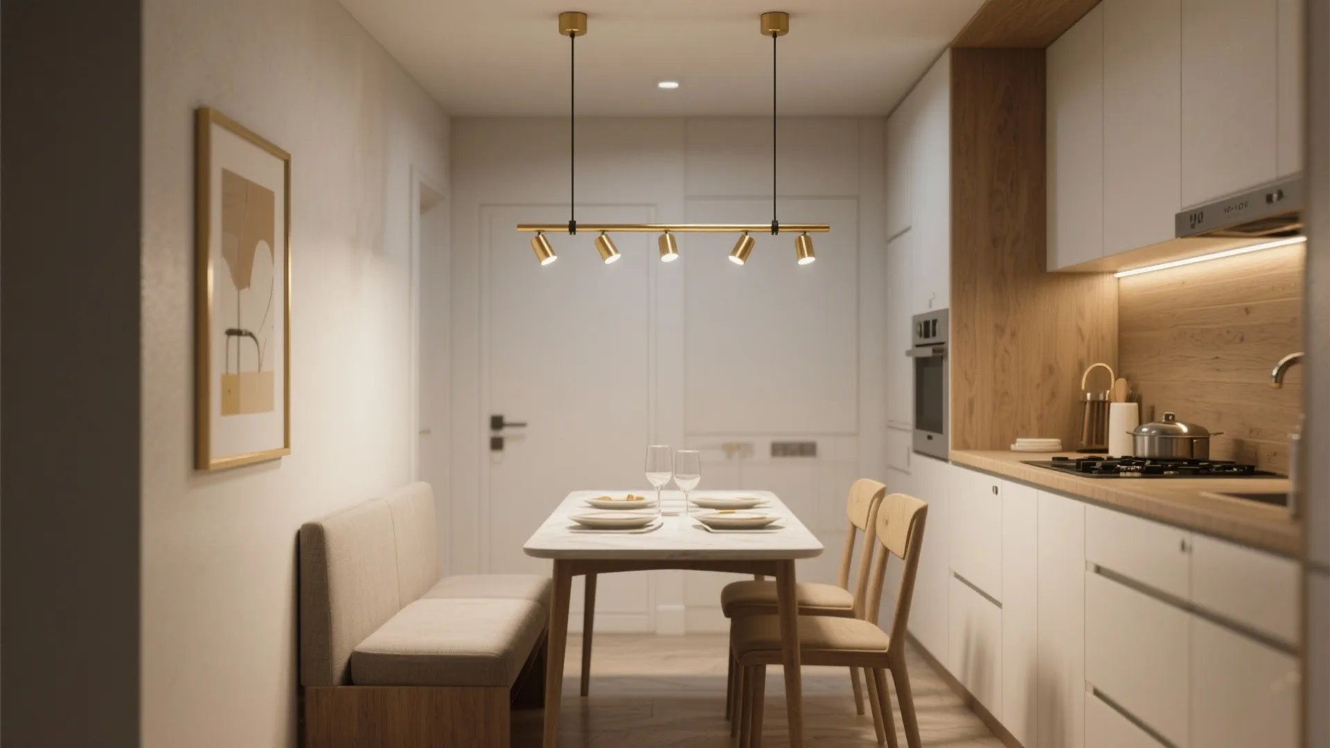 Narrow dining-kitchen with 28-inch linear chandelier evenly lighting table and prep zones.