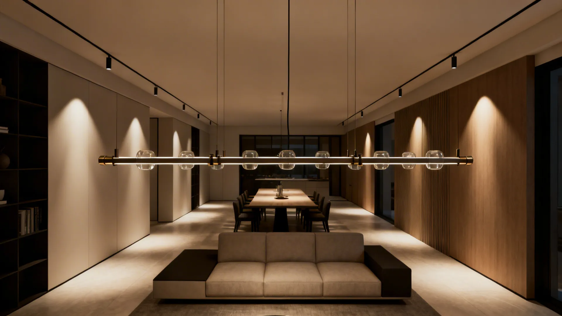 Open-plan living and dining area with a linear chandelier creating cohesion between zones.