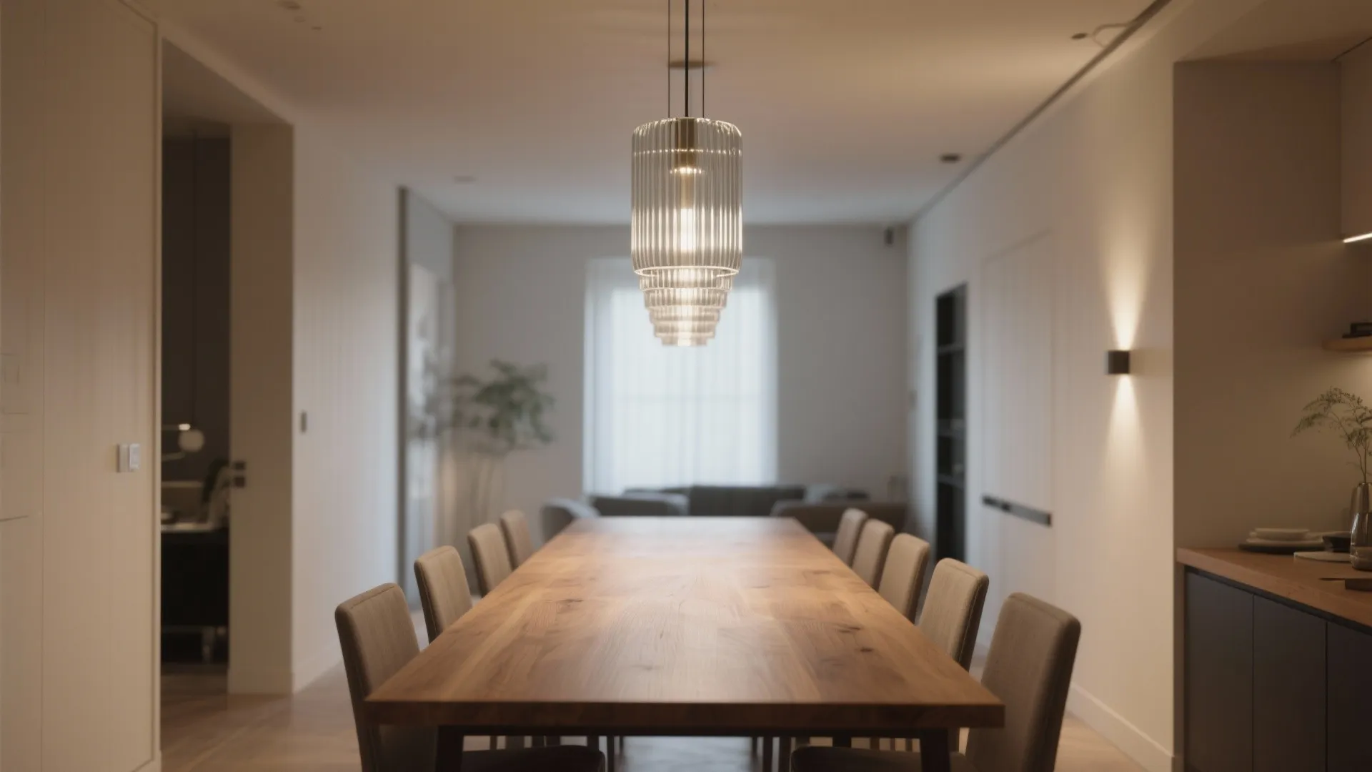 Slim ribbed glass linear chandelier over a rectangular dining table in a narrow room.