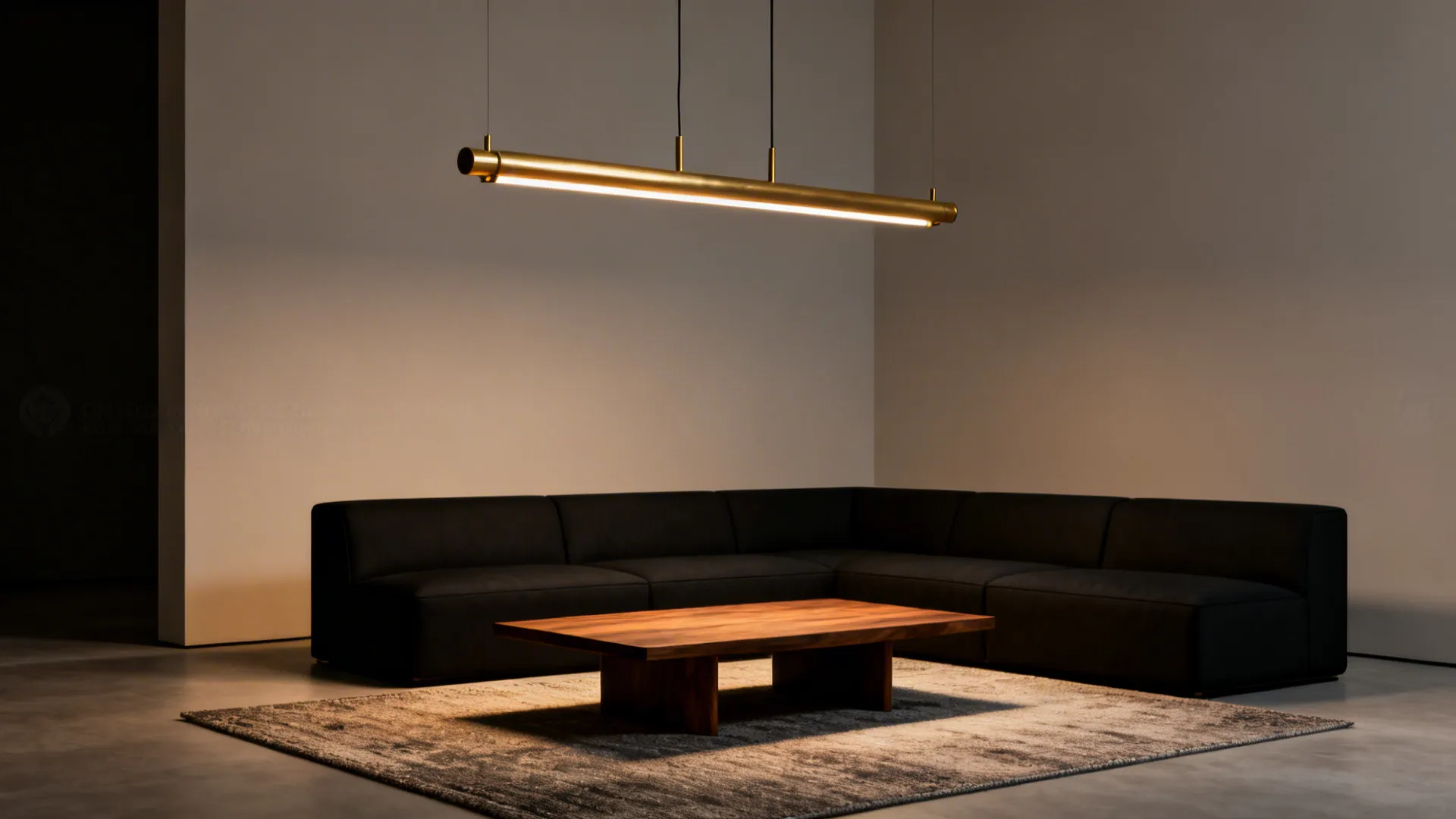 Low-profile linear chandelier over a sectional creating focused lighting and preserved sightlines