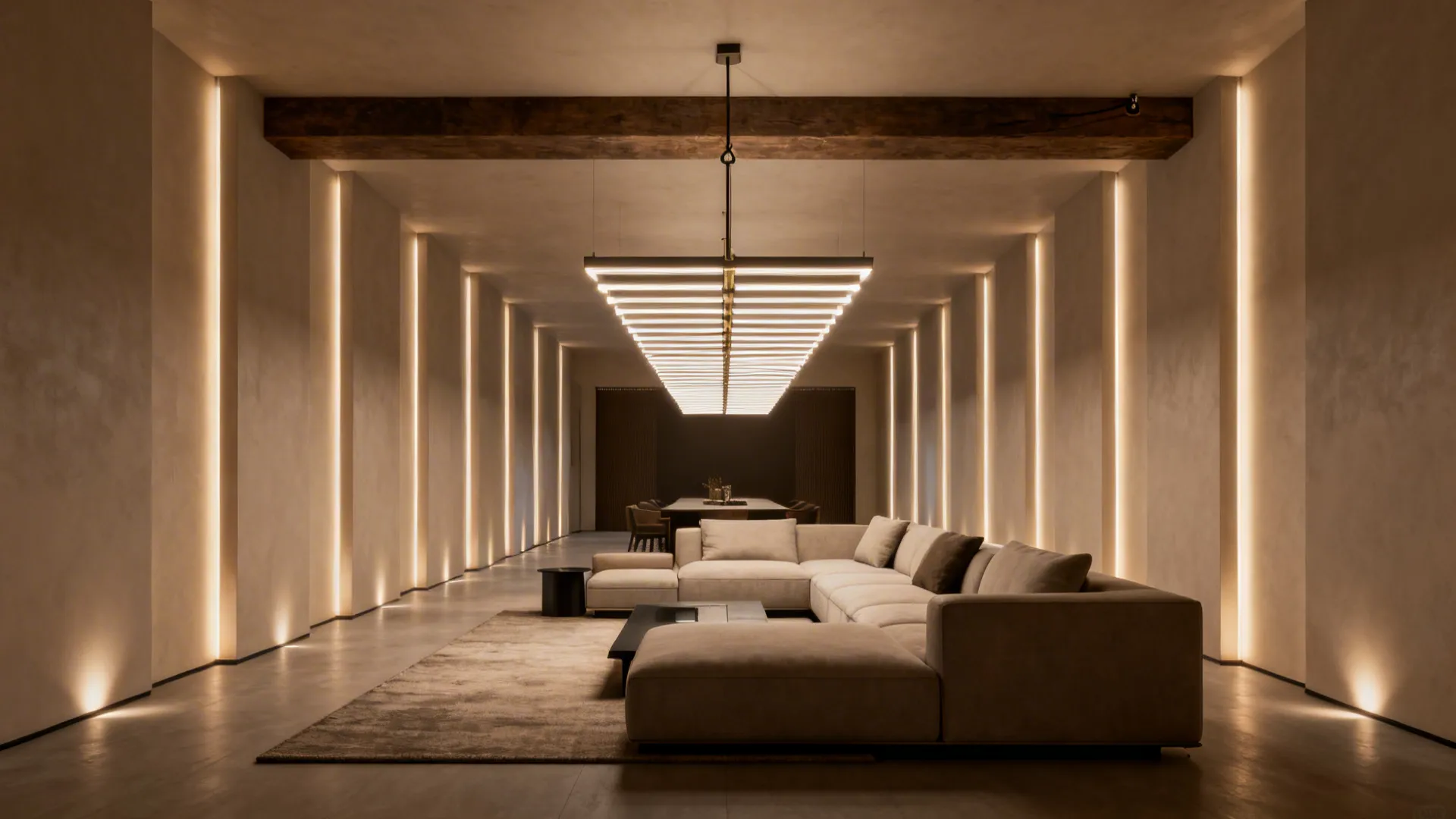 Elongated living room with a long linear chandelier suspended above a sofa, balancing horizontal space.