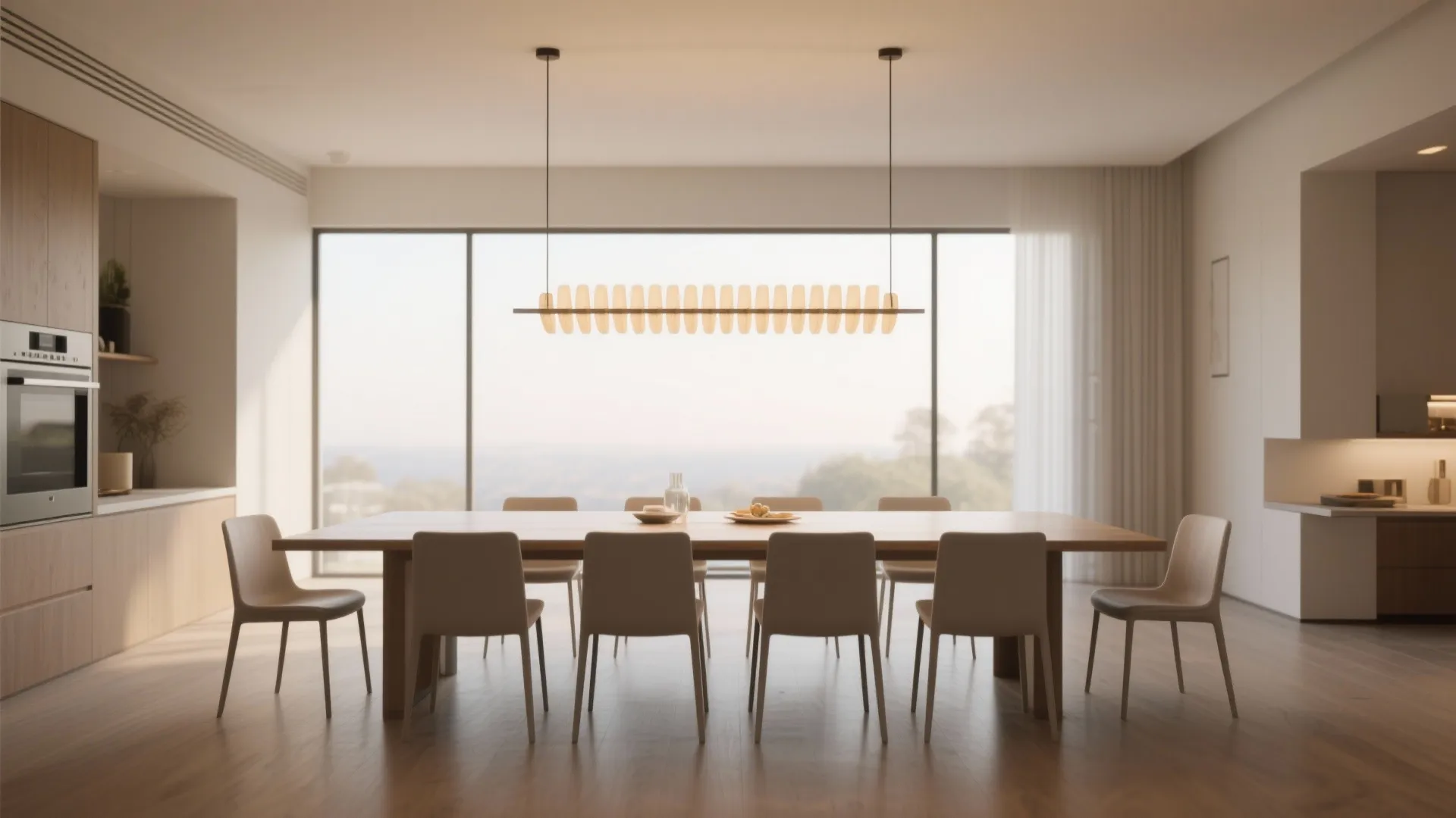 Open dining area with a linear chandelier centered above a long rectangular table.