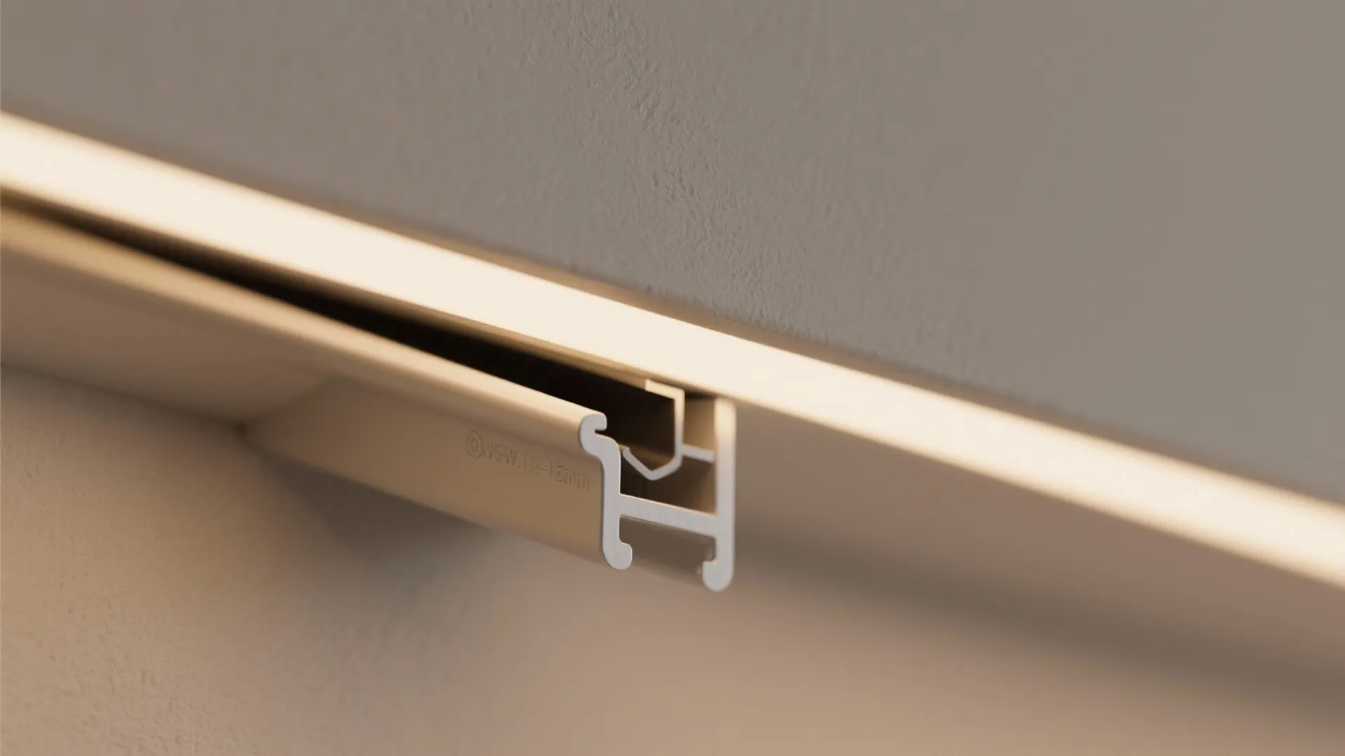 Close up of a metal light fixture track with bright led strip light on white wall