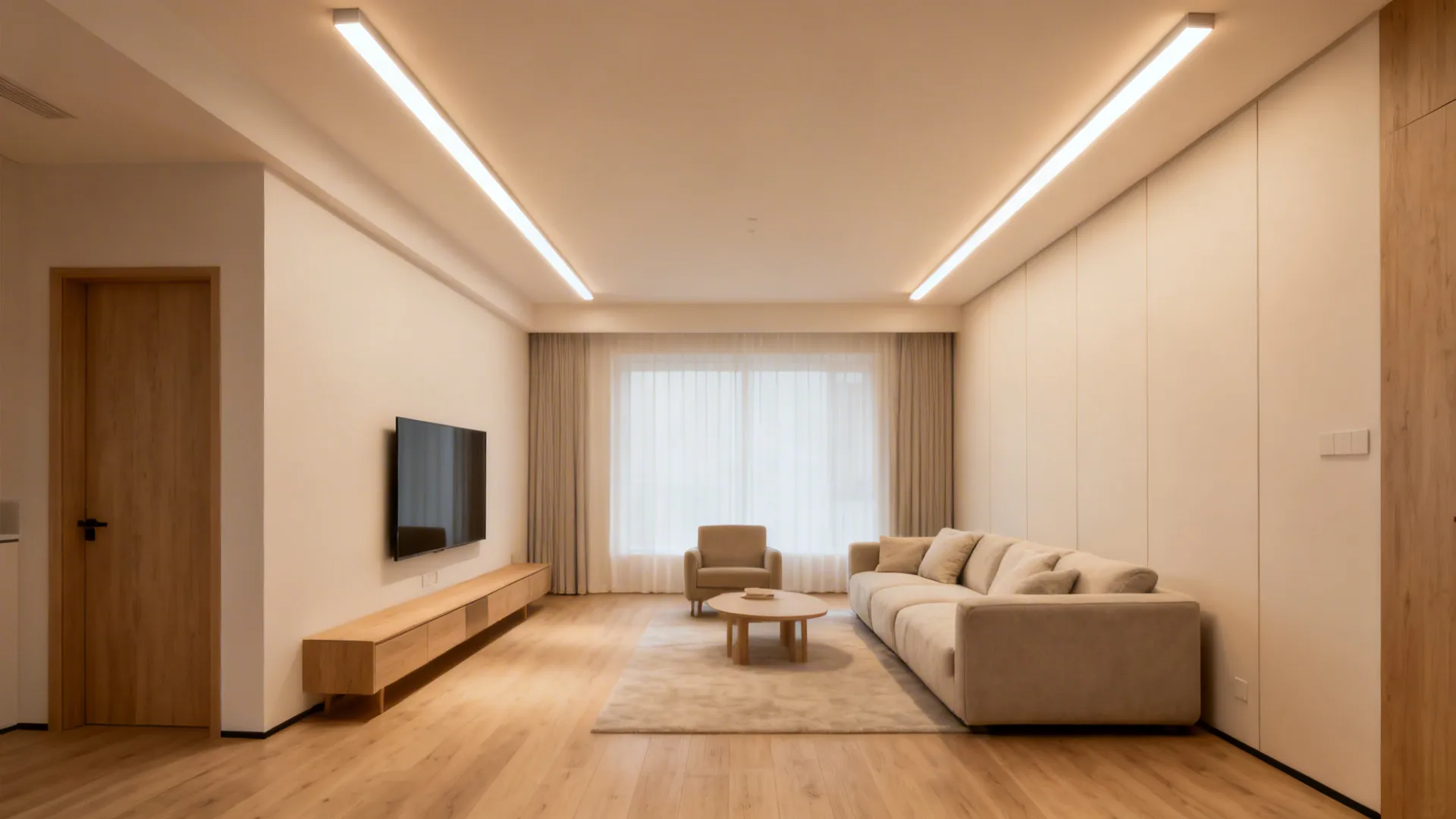 Living room ceiling with two slim linear light channels enhancing room length.