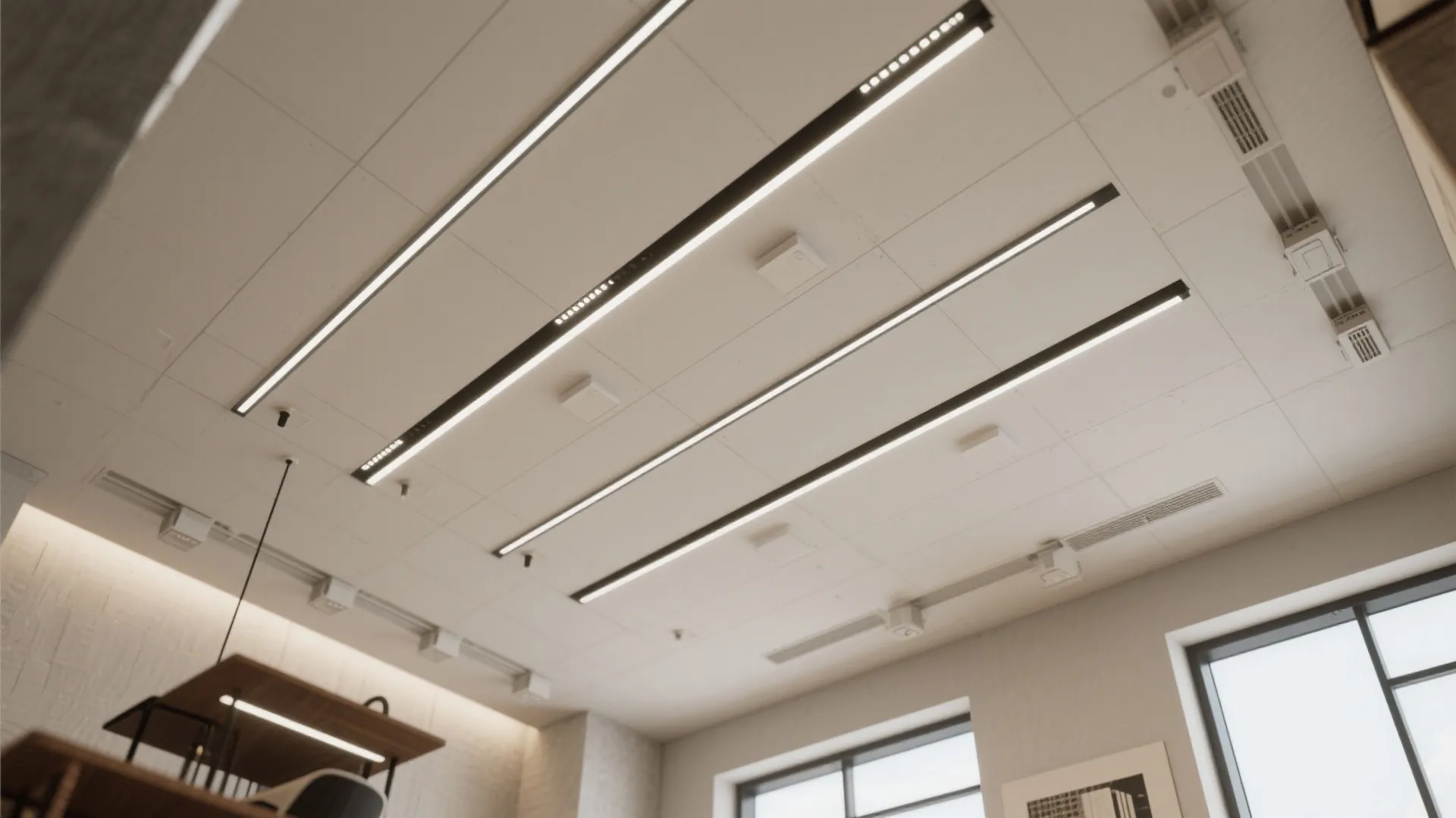 Top-down ceiling plan showing parallel recessed linear light channels and zones.