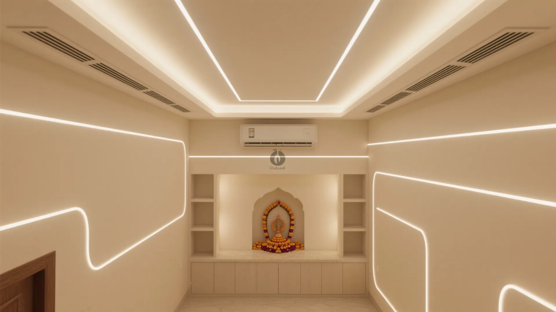 Modern room with white shelves and linear light strips on the walls and the ceiling