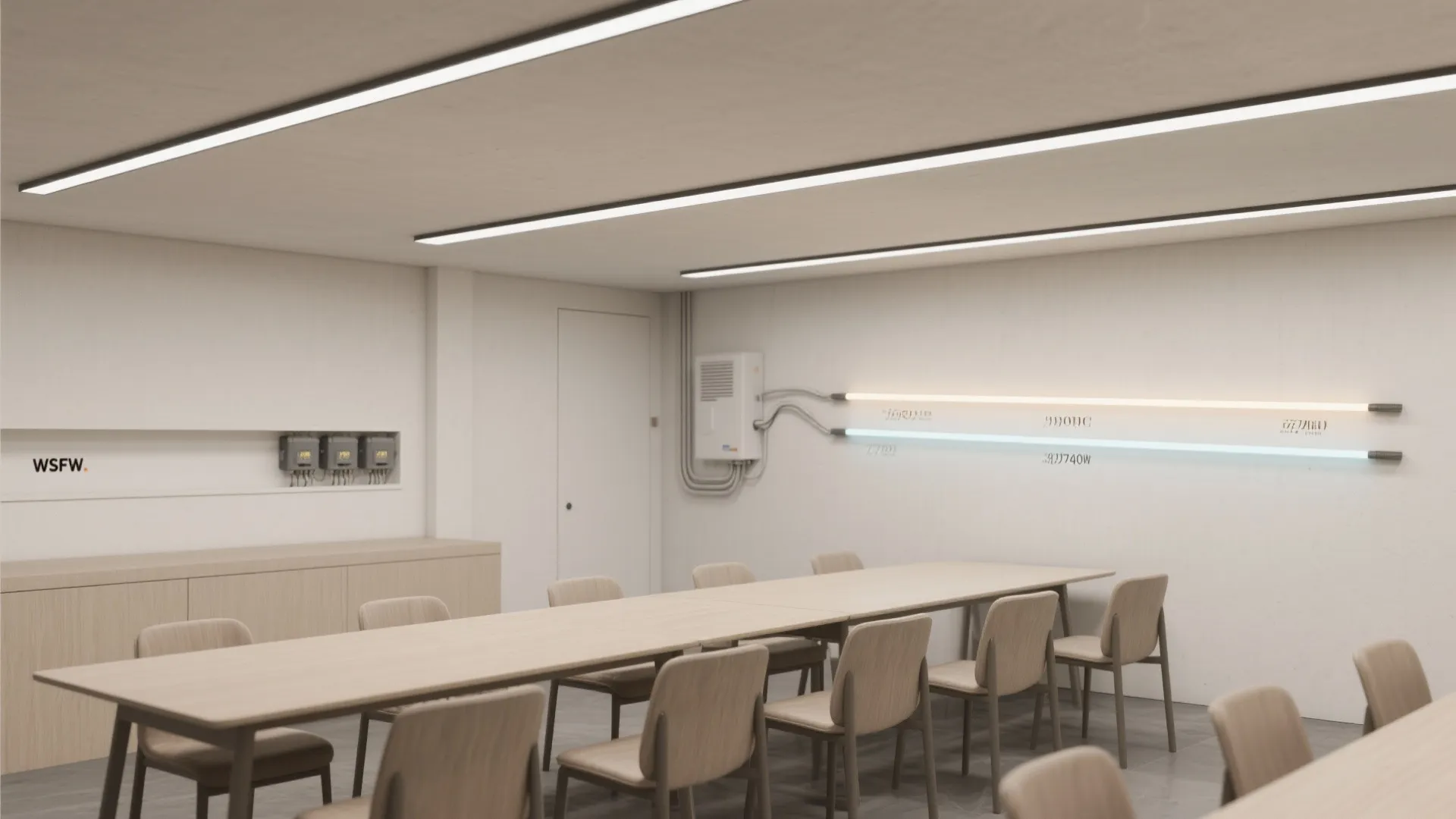 Minimalist meeting room featuring long wooden table grey chairs and linear strip light fixtures on ceiling