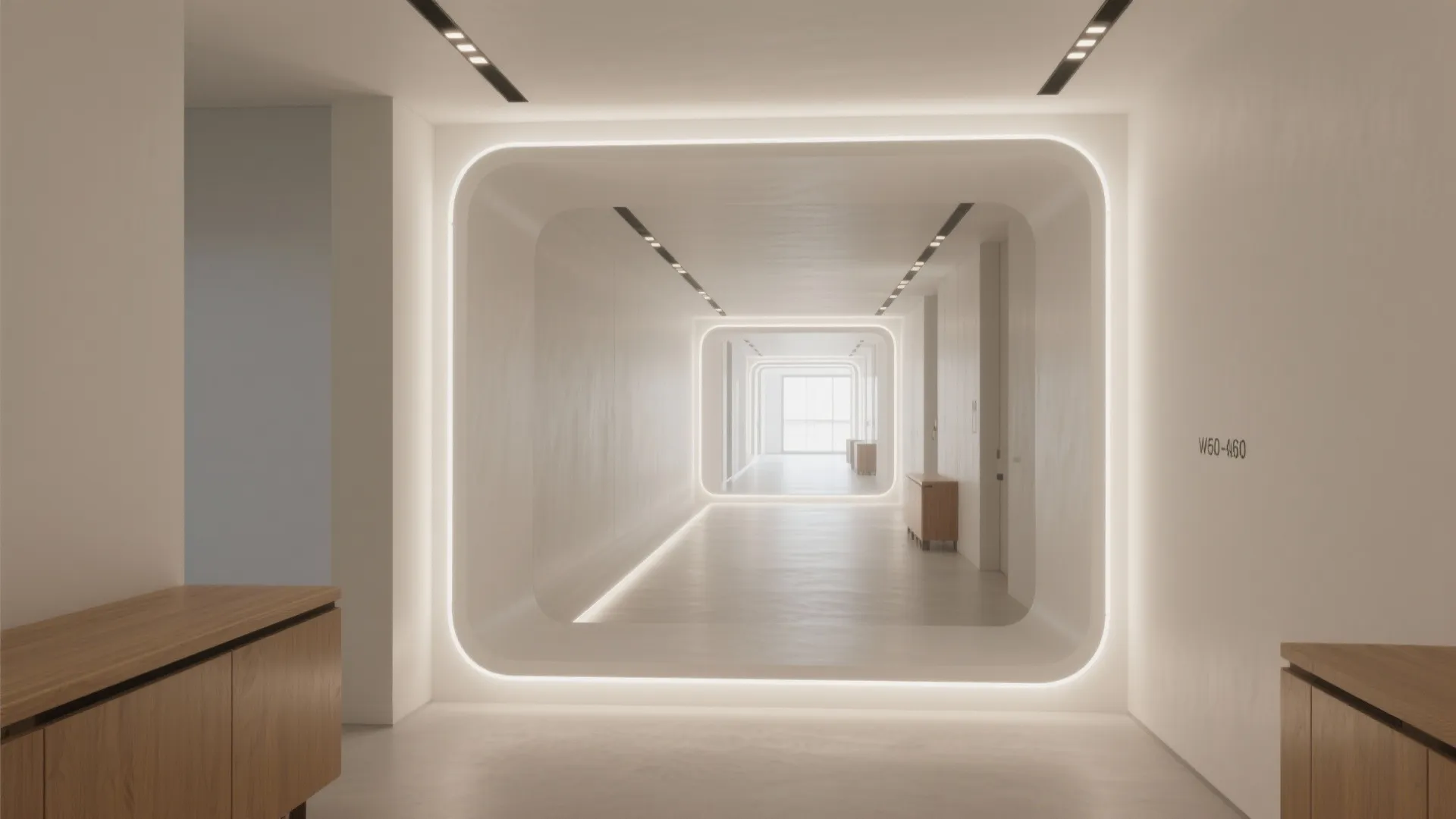 Modern white hallway with glowing square light frames wooden cabinets and a clean interior design