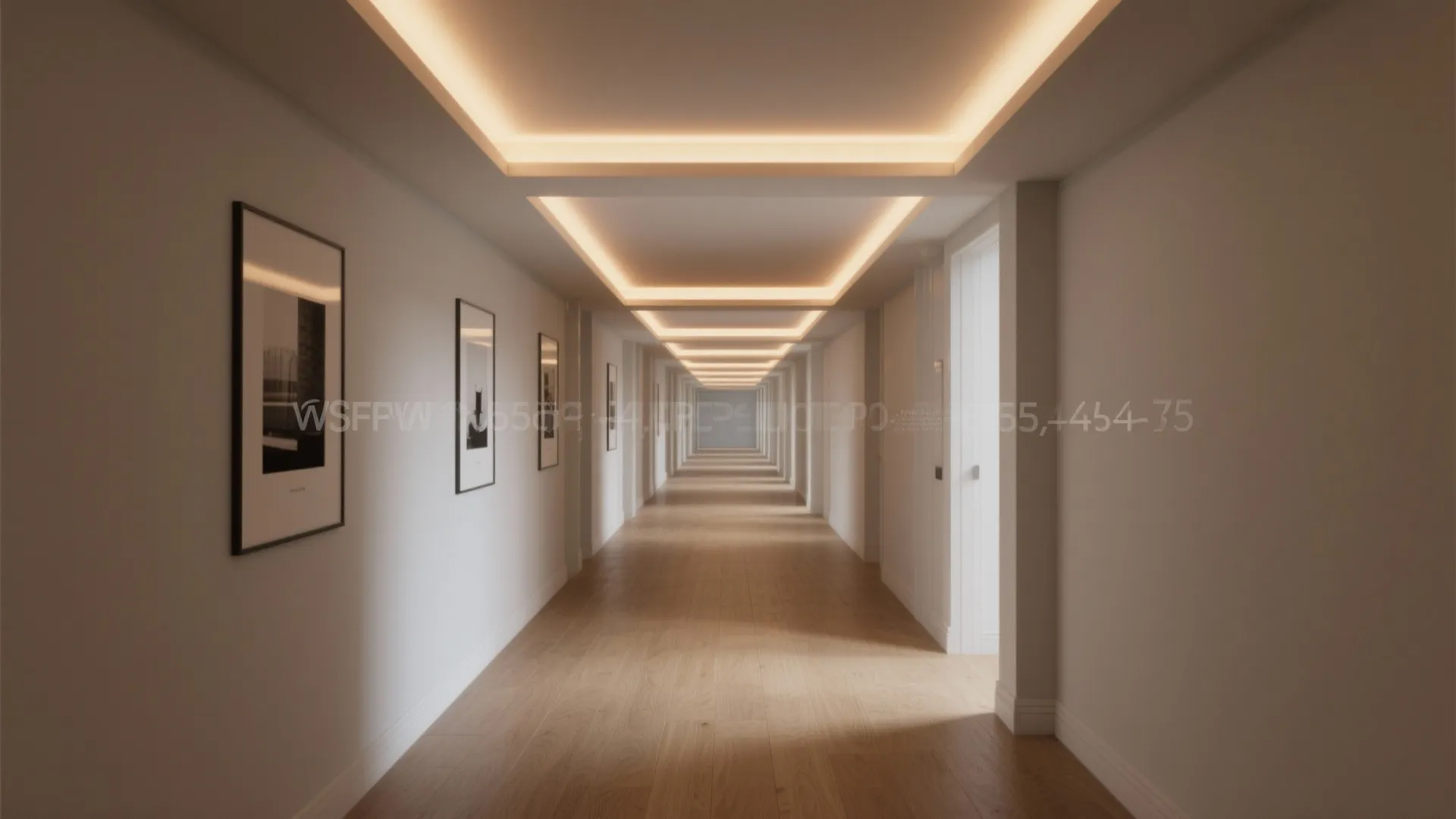Modern hallway with wood floor framed wall art and warm glowing linear ceiling light strips