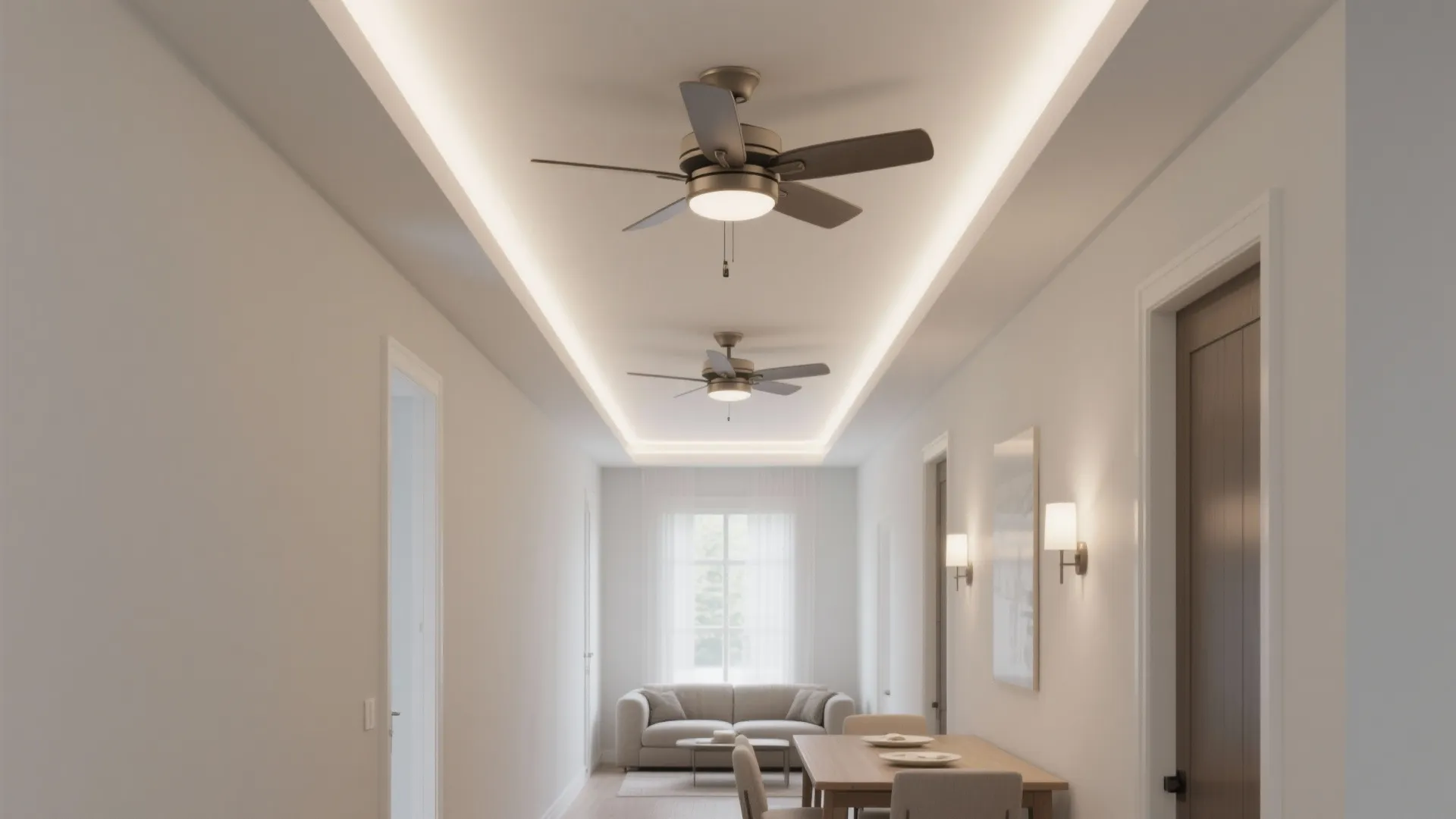 Linear cove ceiling with dual aligned fans