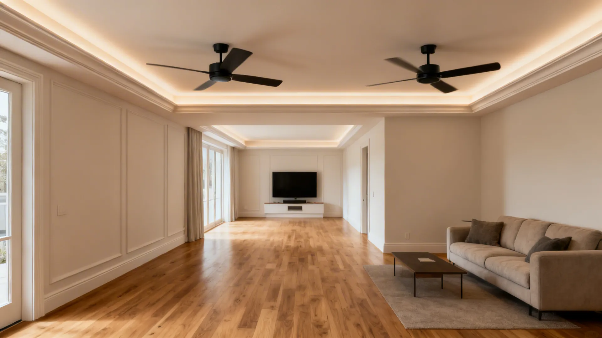 Linear cove ceiling linking two shallow fan islands with warm indirect LEDs in a long living room.