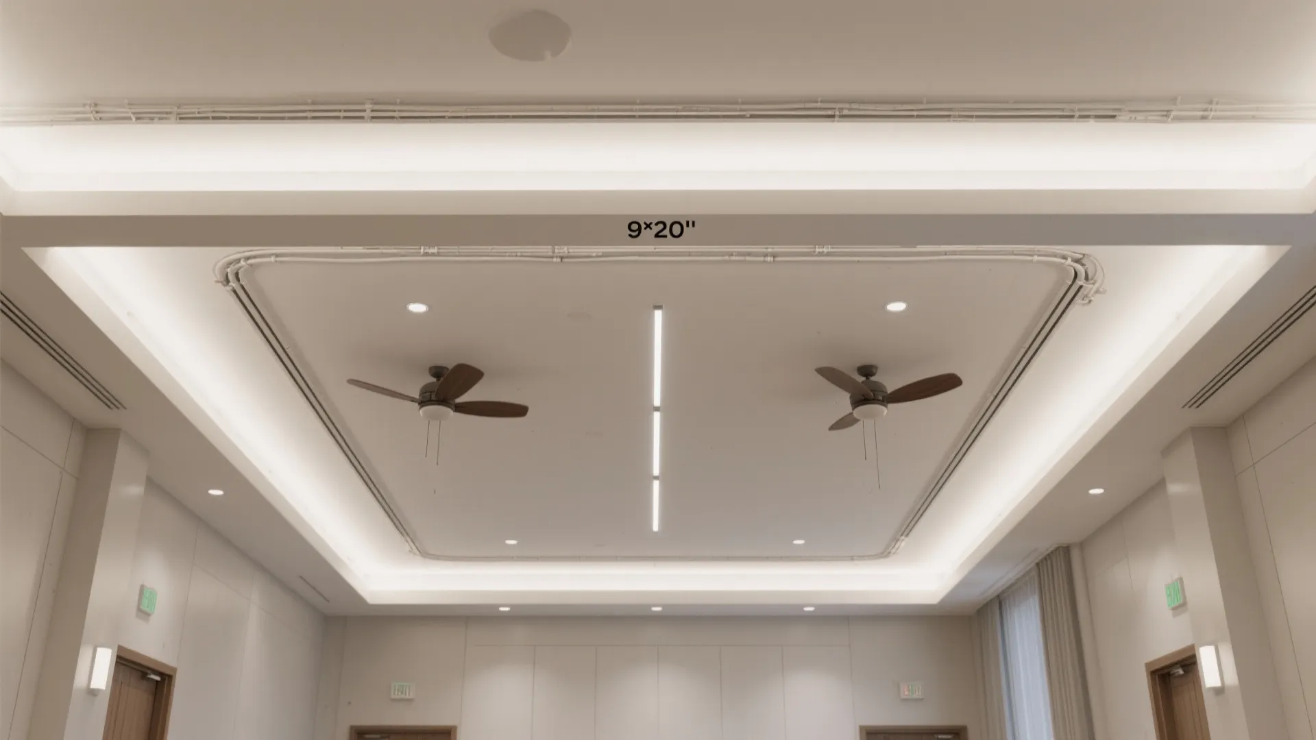 Linear cove ceiling with dual aligned fans