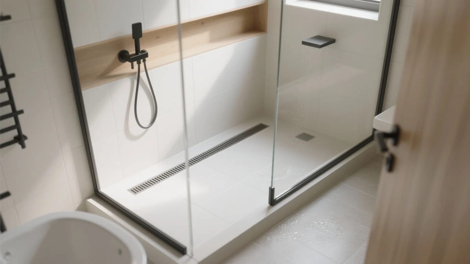 Linear drain along the back wall of a curbless shower with large-format porcelain tile in a compact bathroom.