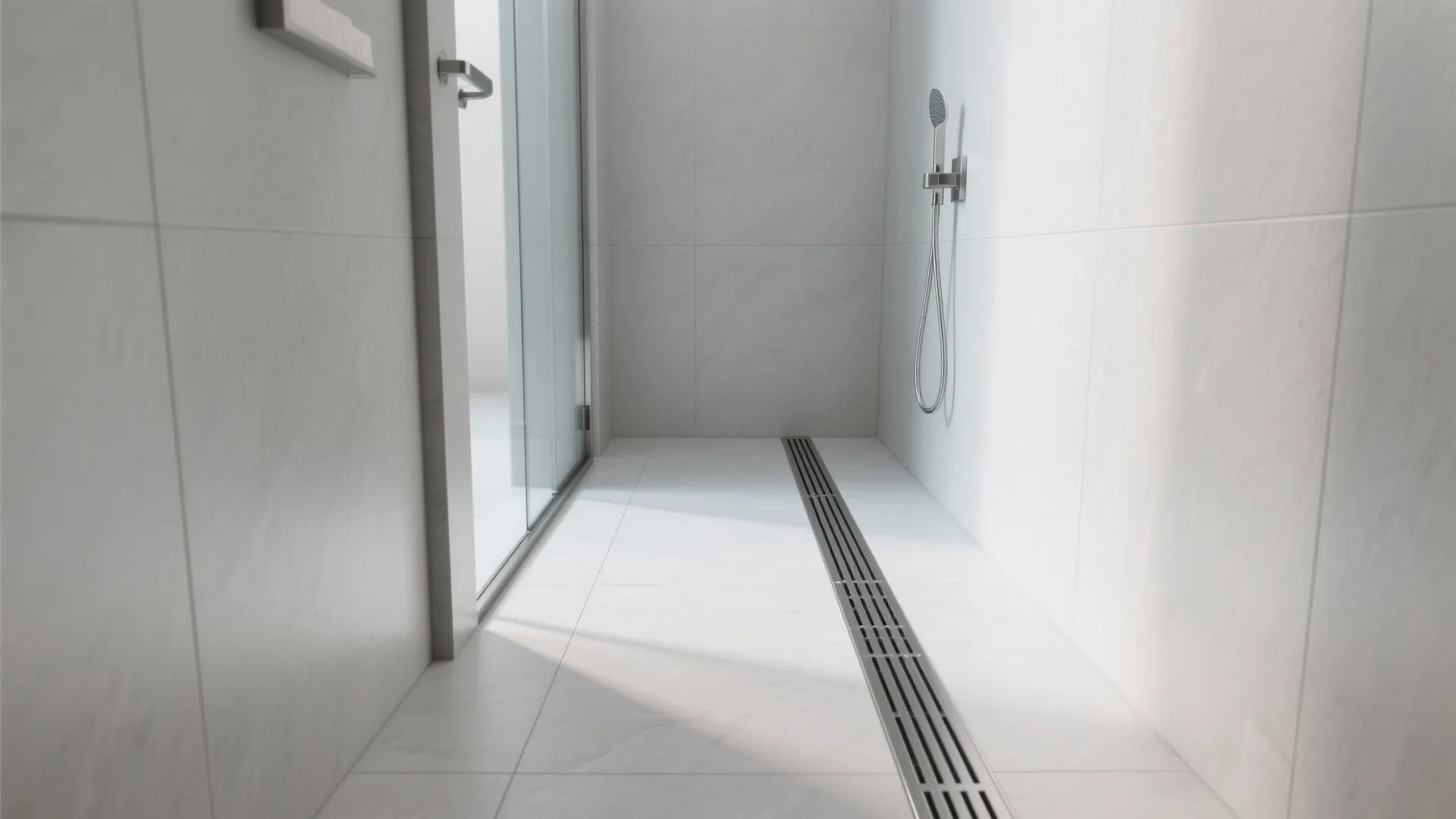 Bright white walk in shower with silver shower head and long metal floor drain grate