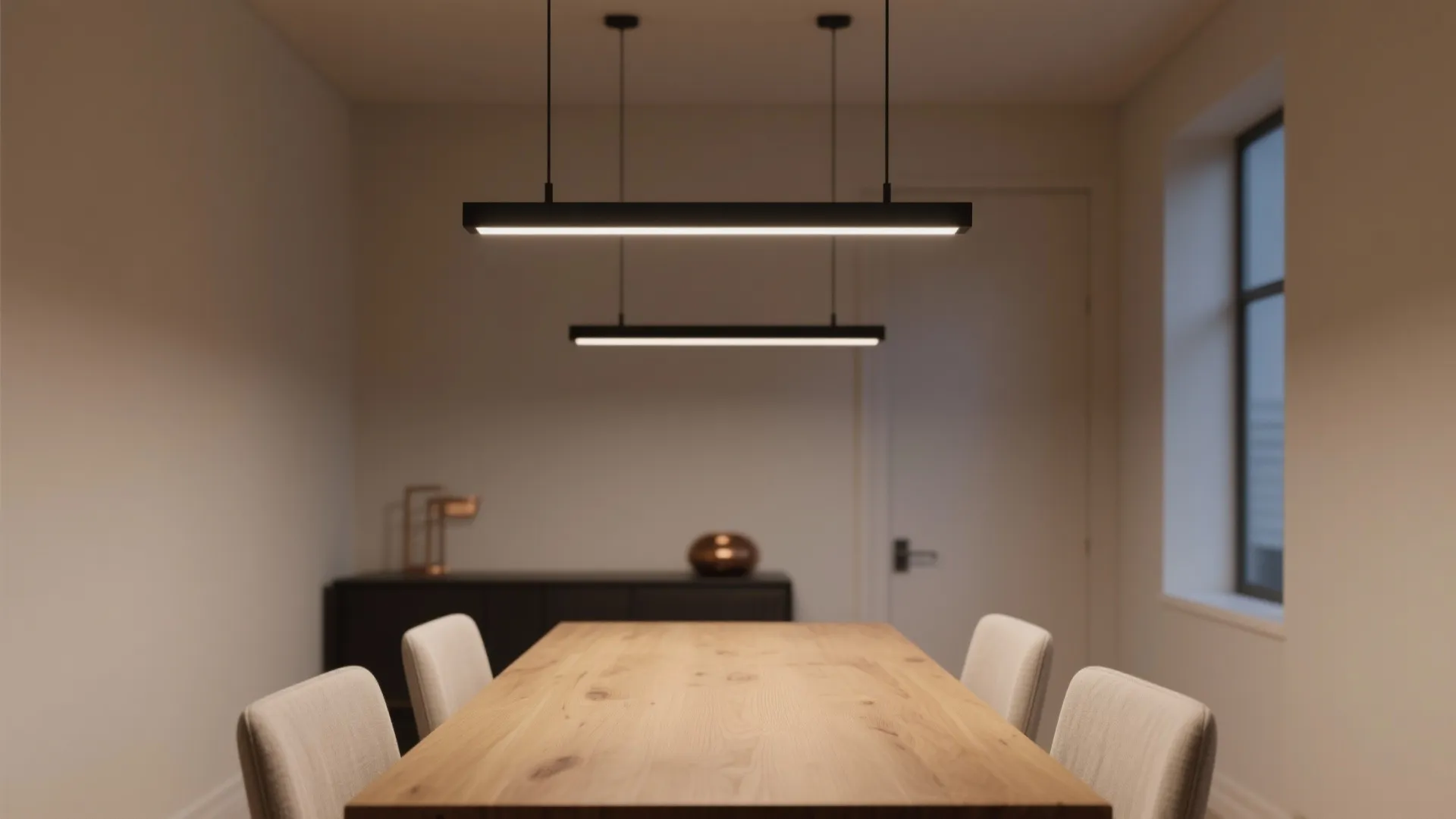 Slim matte black linear LED chandelier centered above a light oak dining table in a narrow room