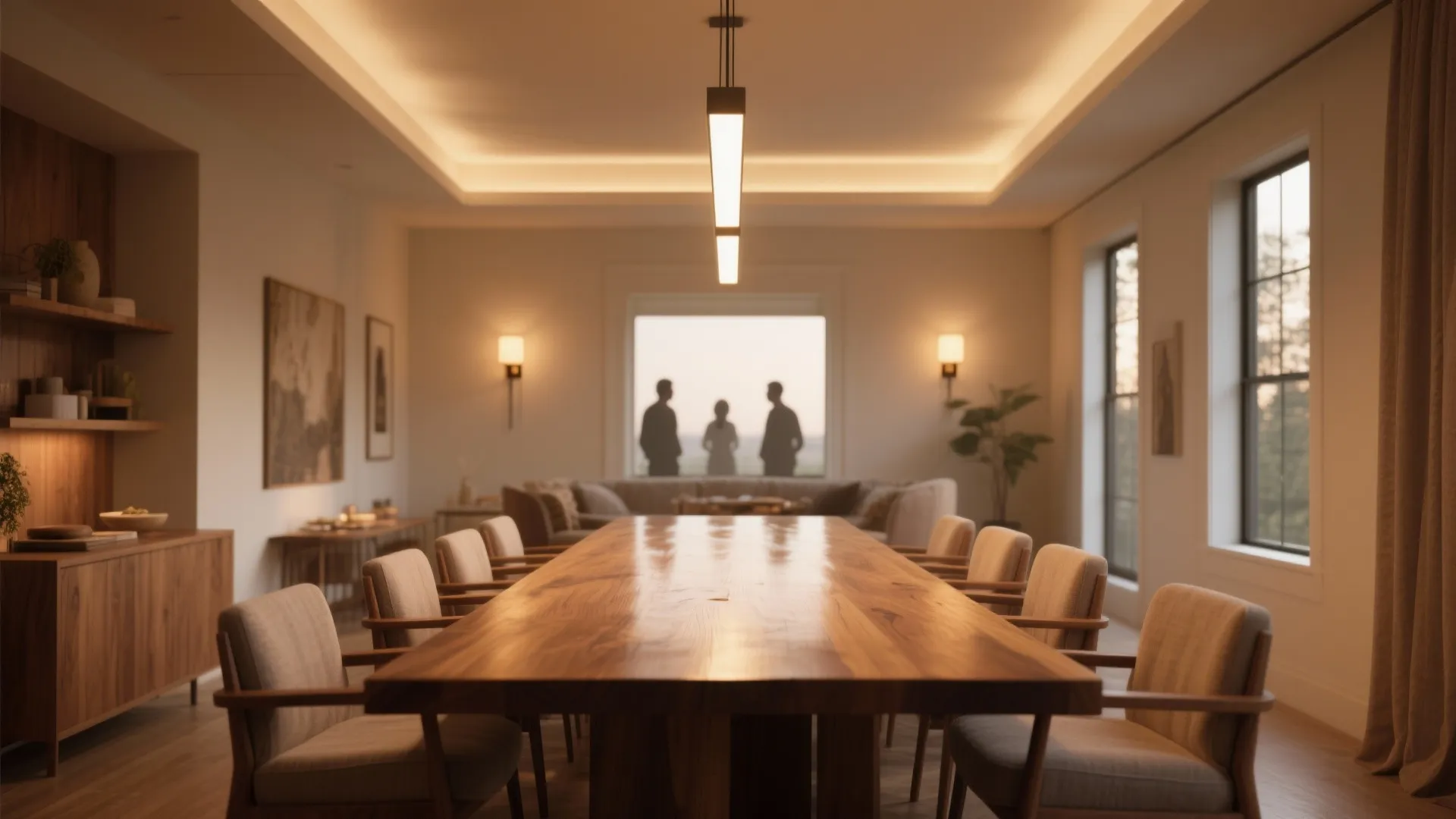 Long wooden dining table with chairs under a linear ceiling light in a modern room
