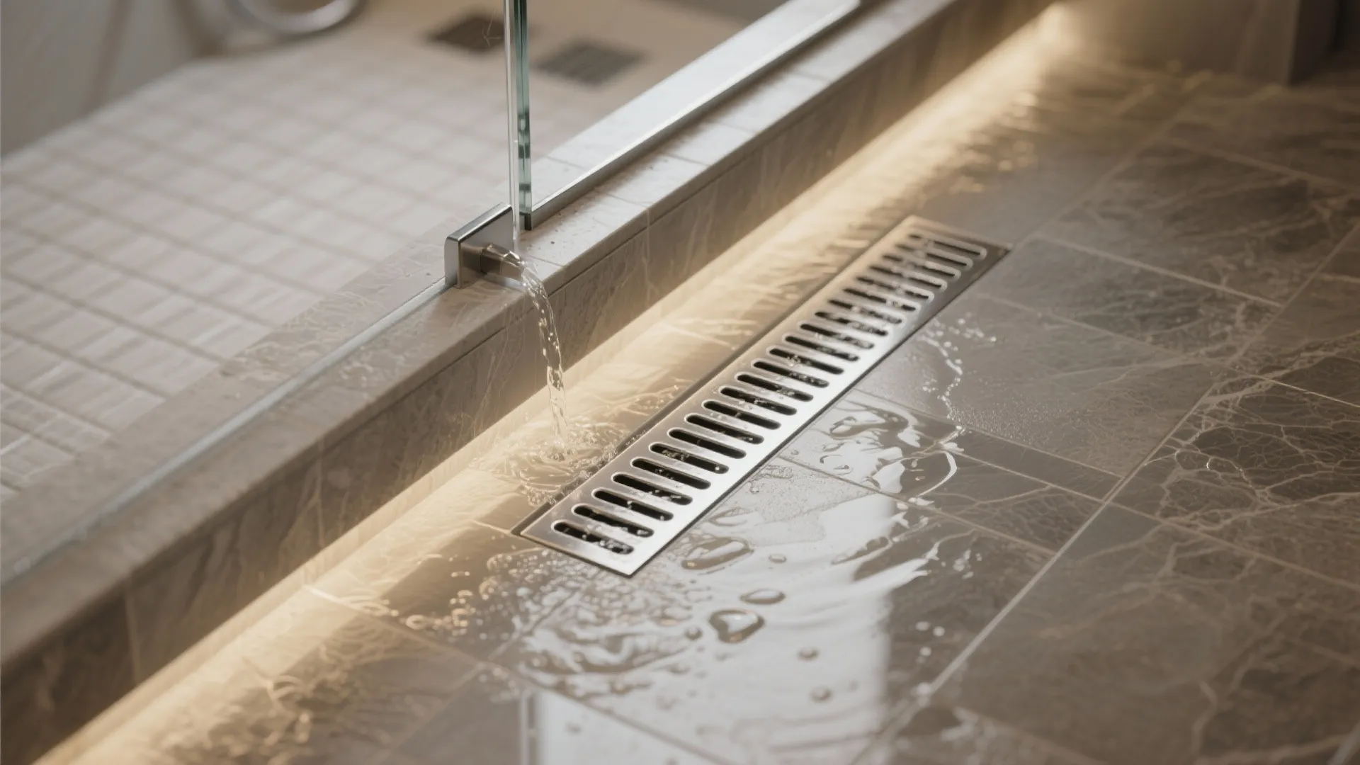 2. Compact linear drain + glass panel