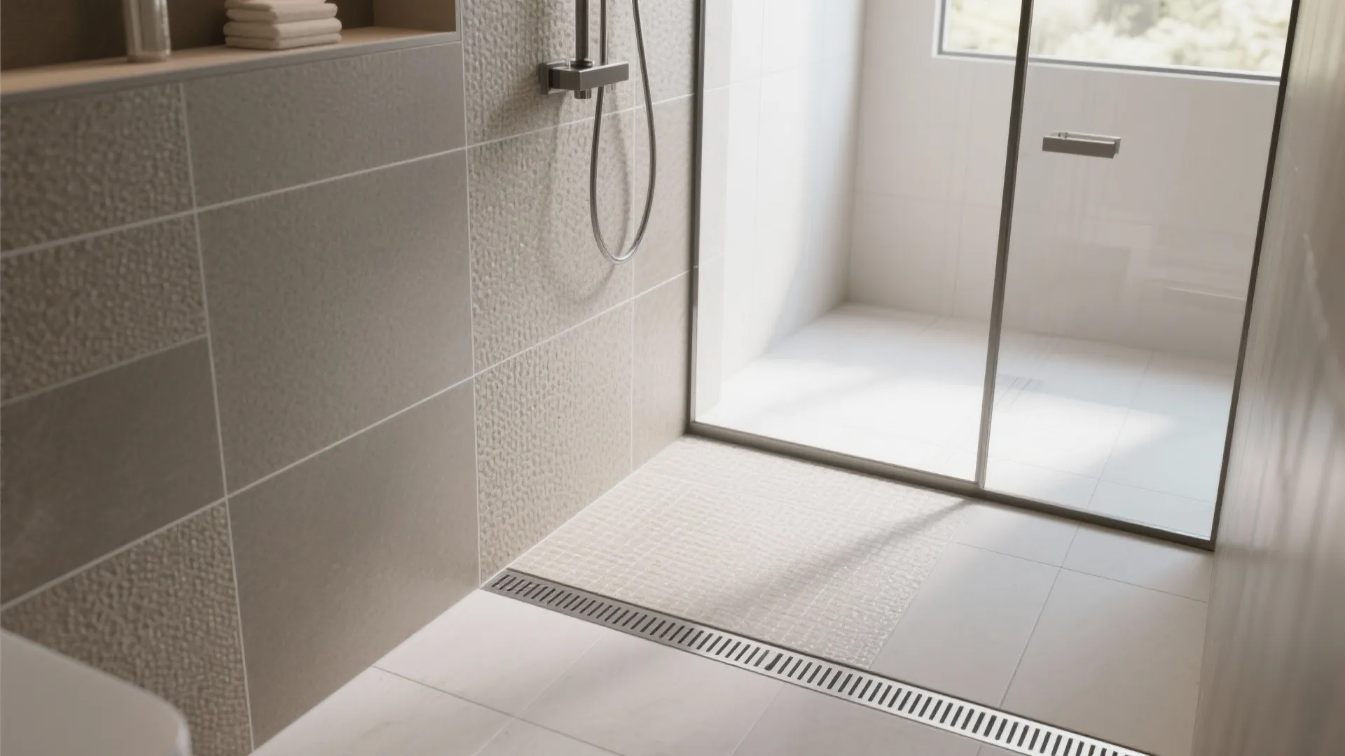 Large-Format Texture + Linear Drain (Fewer Joints, Still Safe)