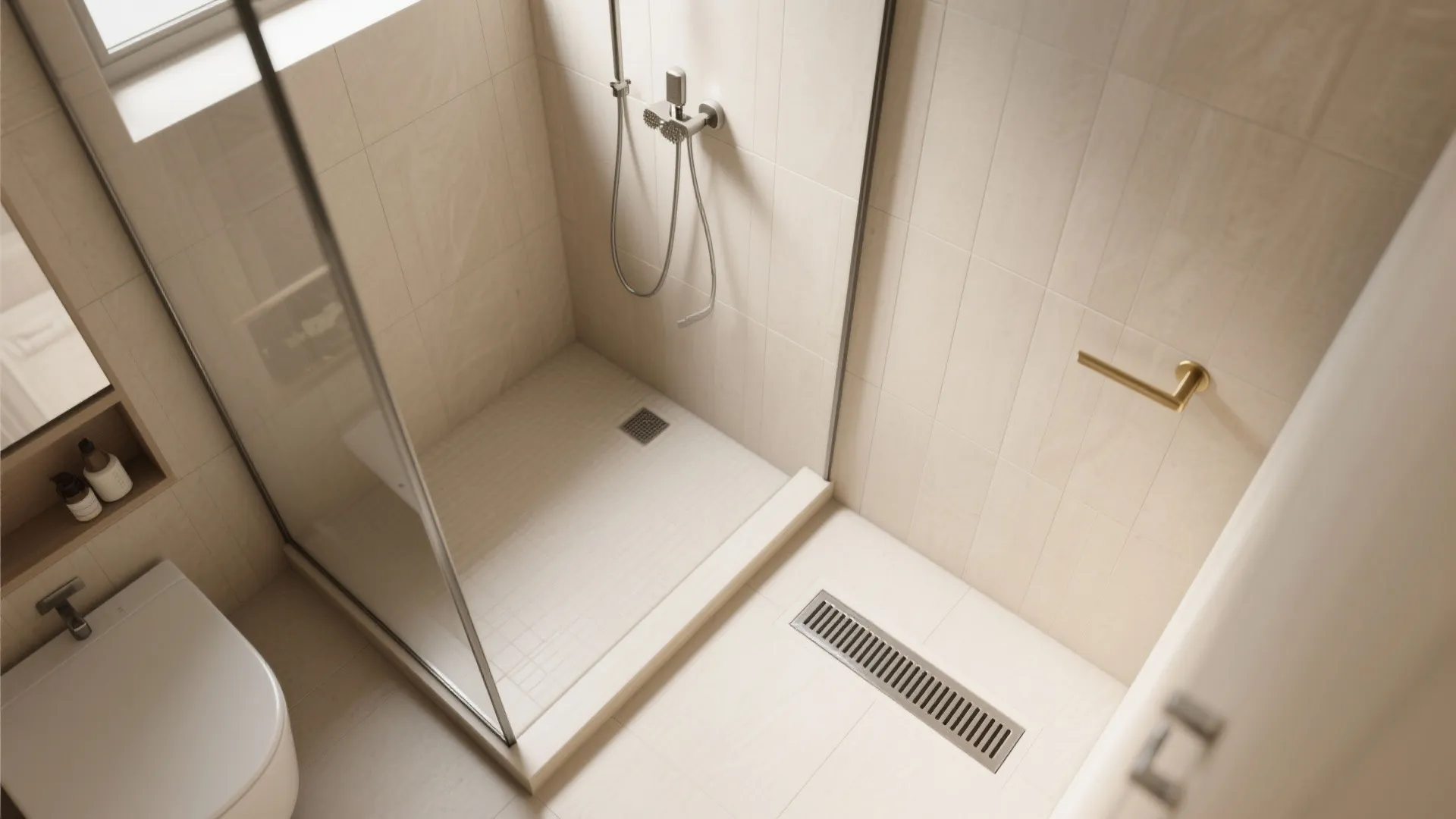 Continuous floor-to-wall tiling and linear drainage