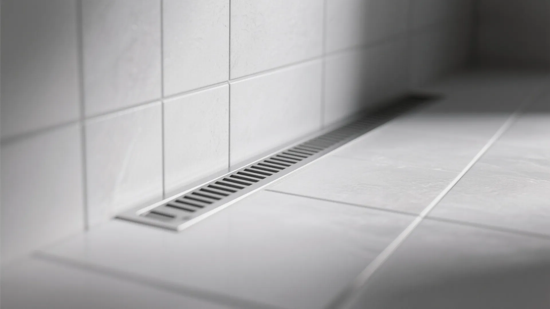 Close up of long narrow floor drain installed between white wall tiles and floor tiles