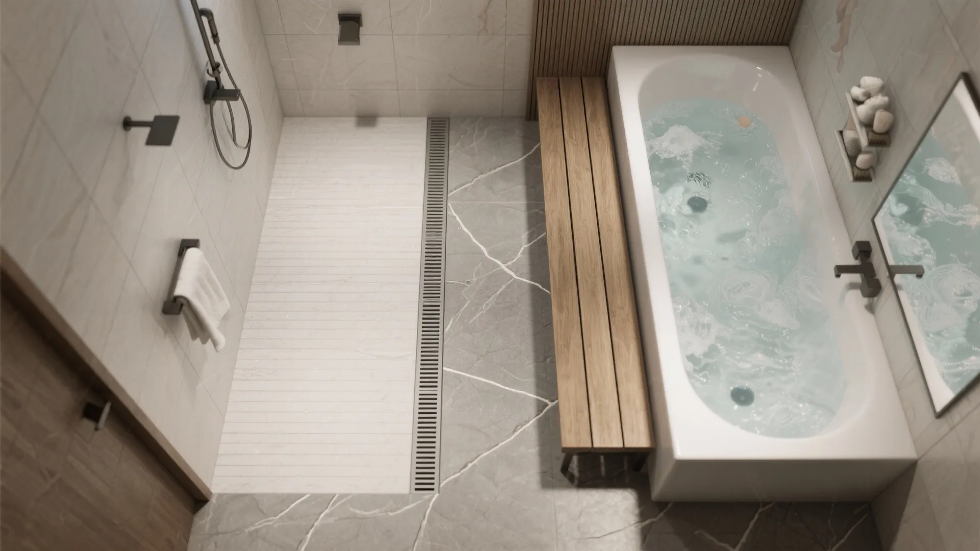 Top-down layout of a compact bathroom with a linear drain, adjacent jacuzzi tub and a narrow bench for dual use.