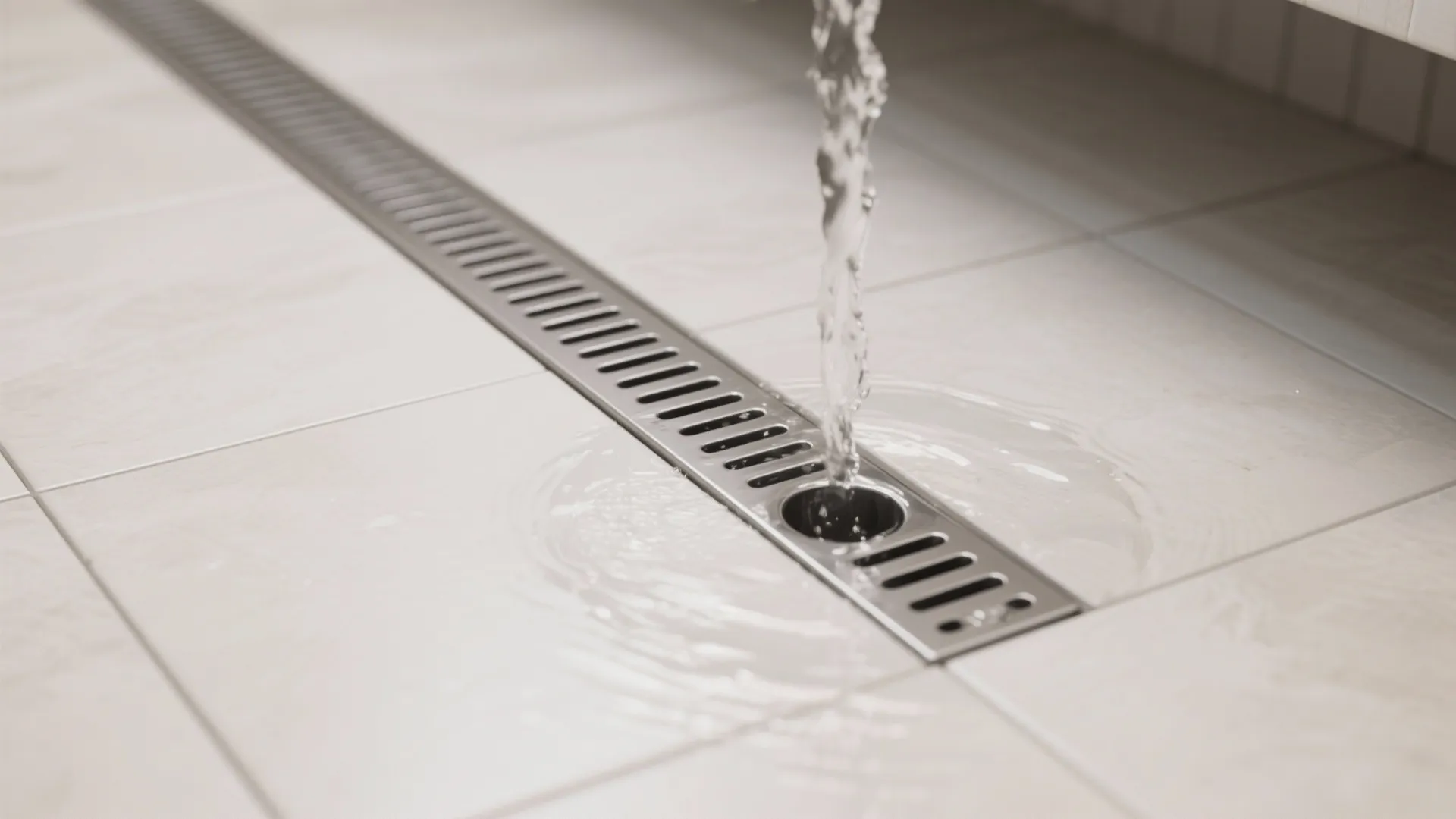 Water flows into a long metal floor drain set in light colored square floor tiles