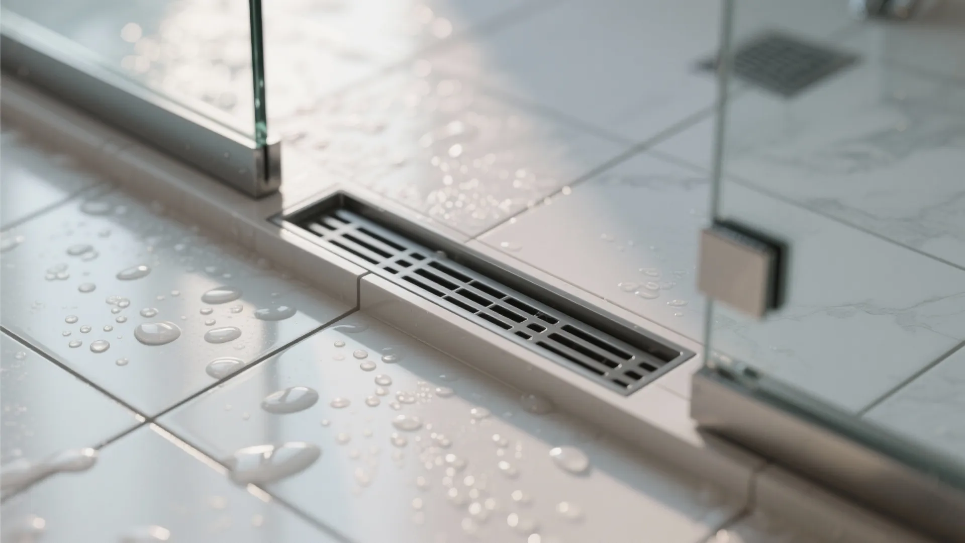 Close up of a metal floor drain on white bathroom tiles with water droplets and glass