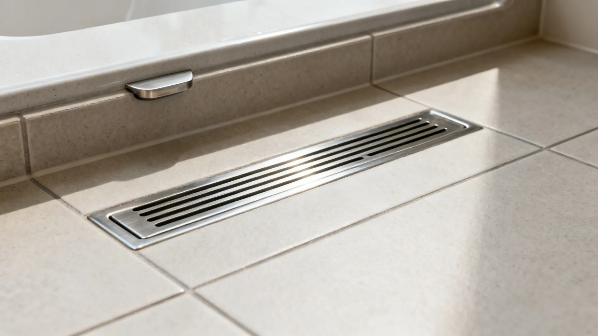 Close-up of a stainless linear drain integrated into matte porcelain tiles with a subtle slope.
