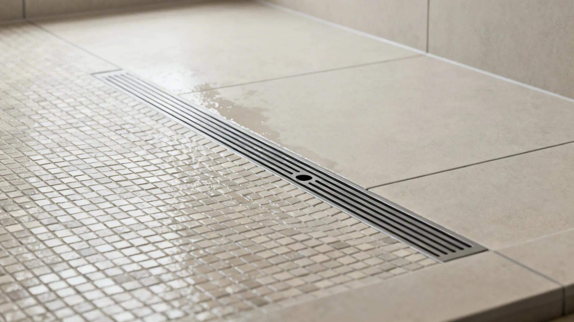 Close-up of a linear drain with subtle floor slope and small mosaic shower tiles in a compact bathroom.