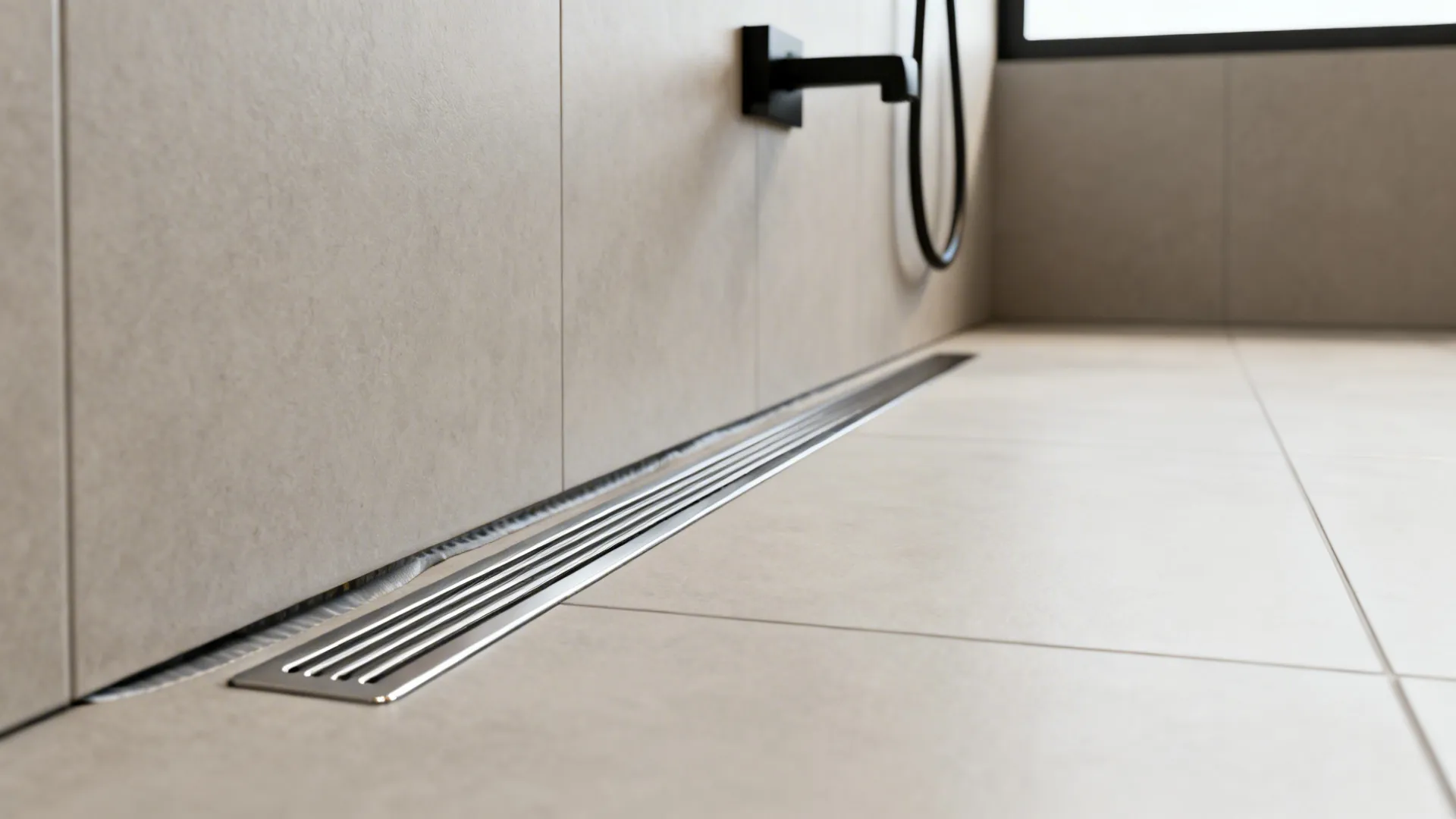 Close-up of a curbless shower floor with a wall linear drain and large-format tiles